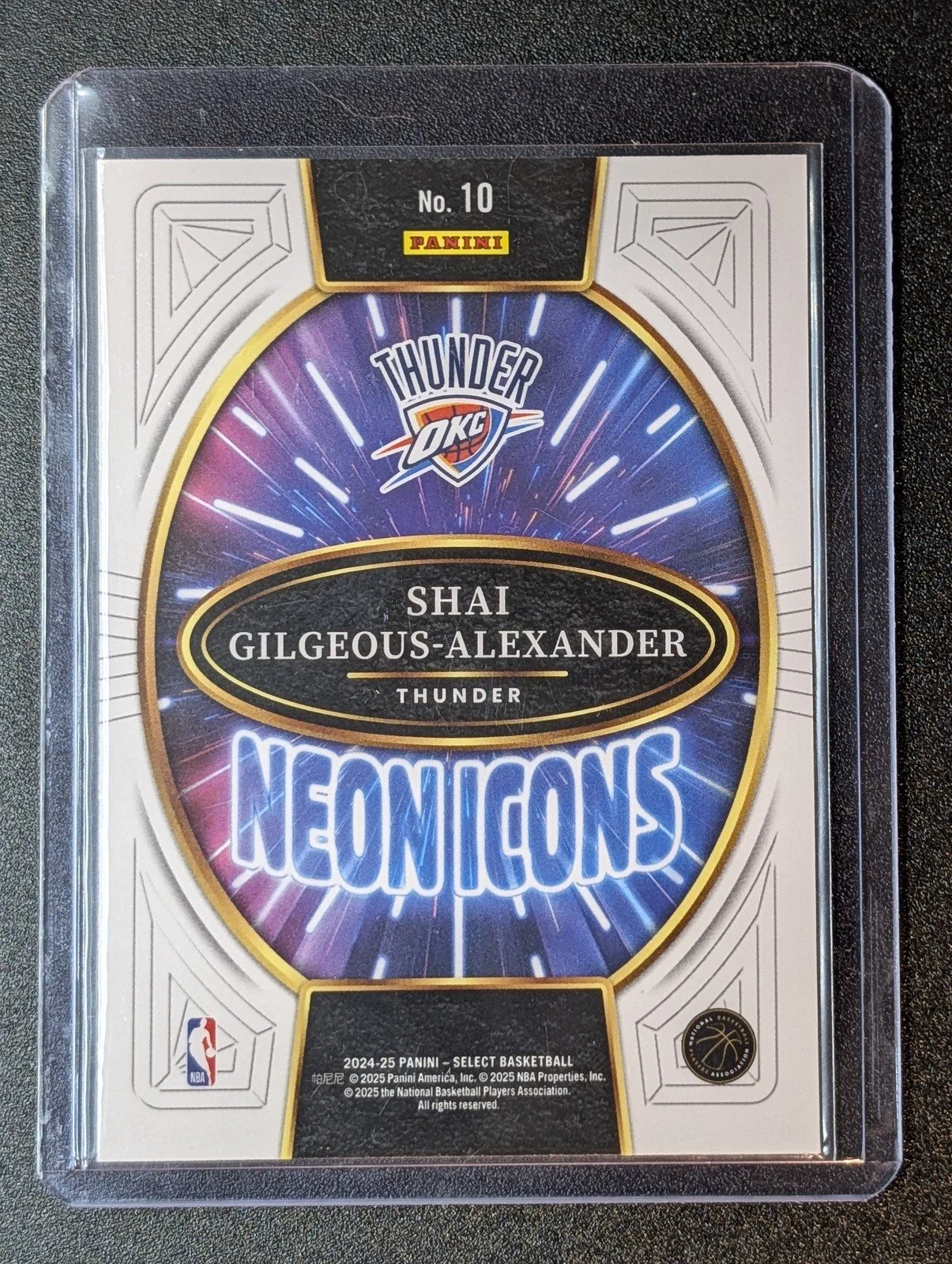 Back of 2024-25 Panini Select #10 Shai Gilgeous-Alexander Neon Icons