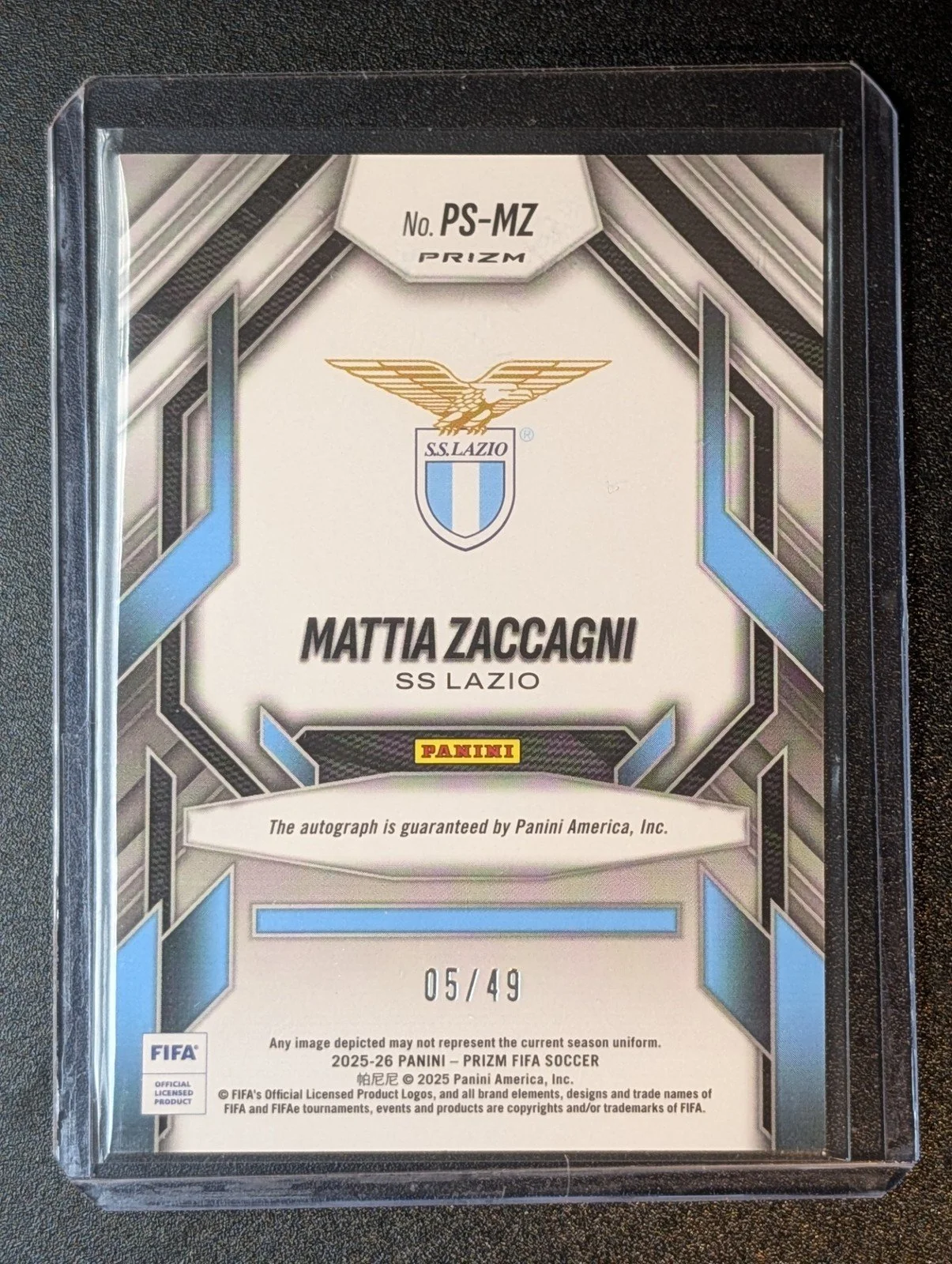 Back of 2025-26 Prizm Prolific Signatures PS-MZ Mattia Zaccagni /49