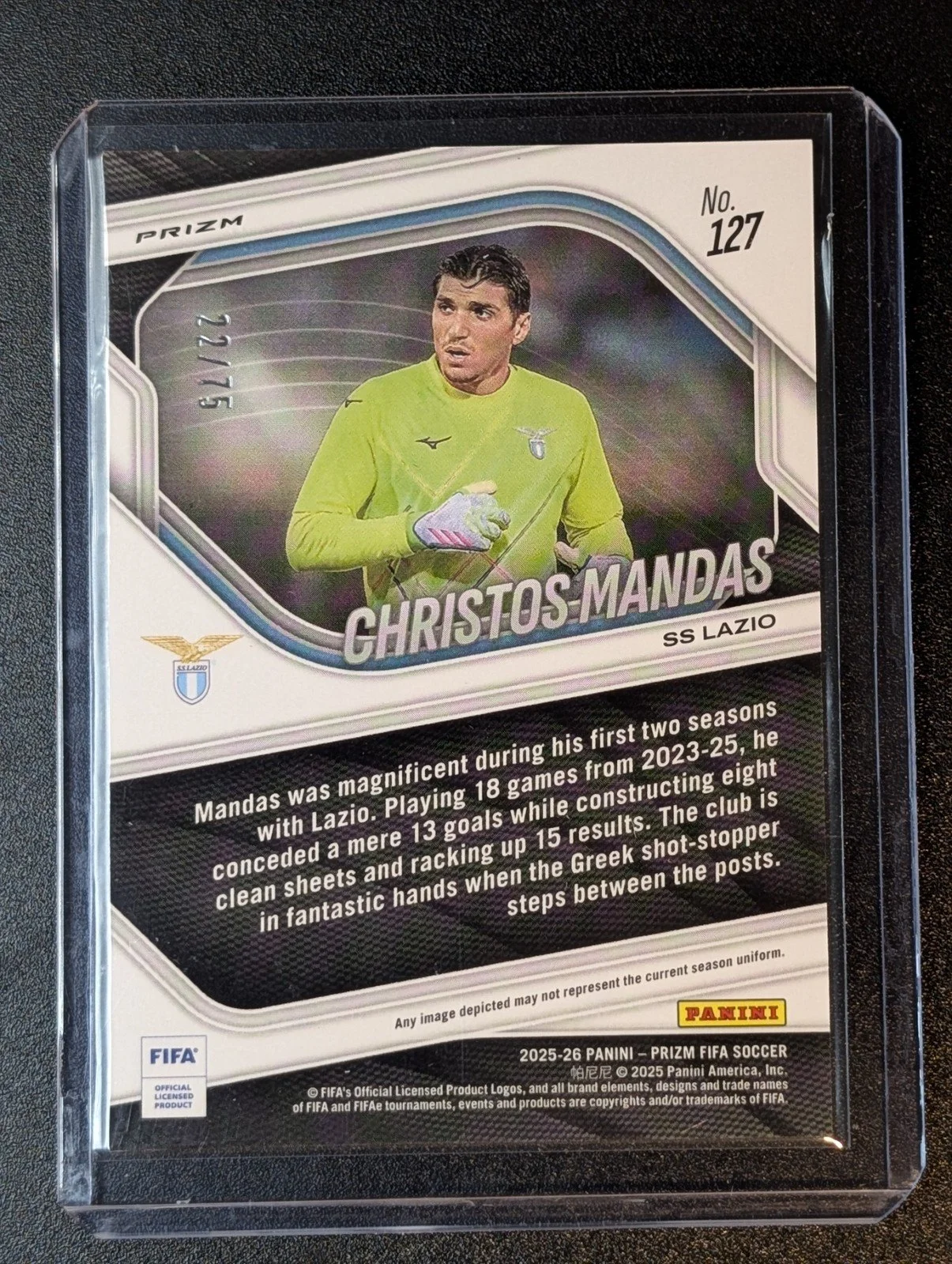 Back of 2025-26 Panini Prizm FIFA #127 Christos Mandas Pink Power Prizms /75 RC