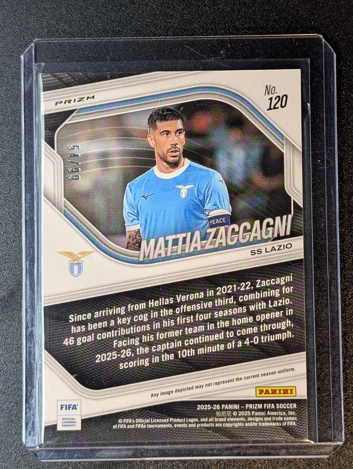 Back of 2025-26 Panini Prizm FIFA #120 Mattia Zaccagni Teal Ice Prizms #/99