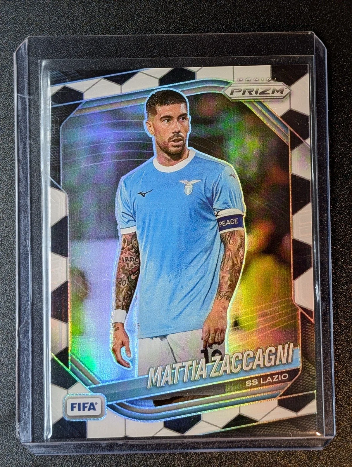 Front of 2025-26 Panini Prizm FIFA #120 Mattia Zaccagni Soccer Ball Prizms SSP