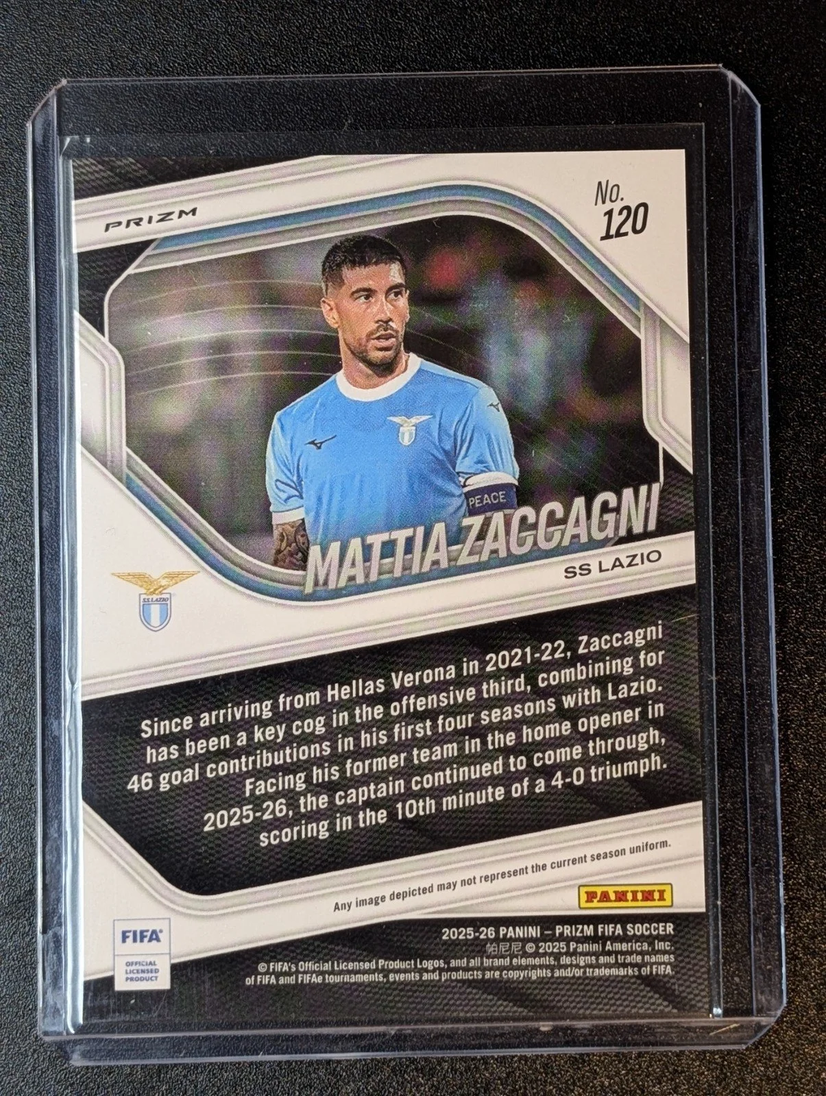 Back of 2025-26 Panini Prizm FIFA #120 Mattia Zaccagni Soccer Ball Prizms SSP