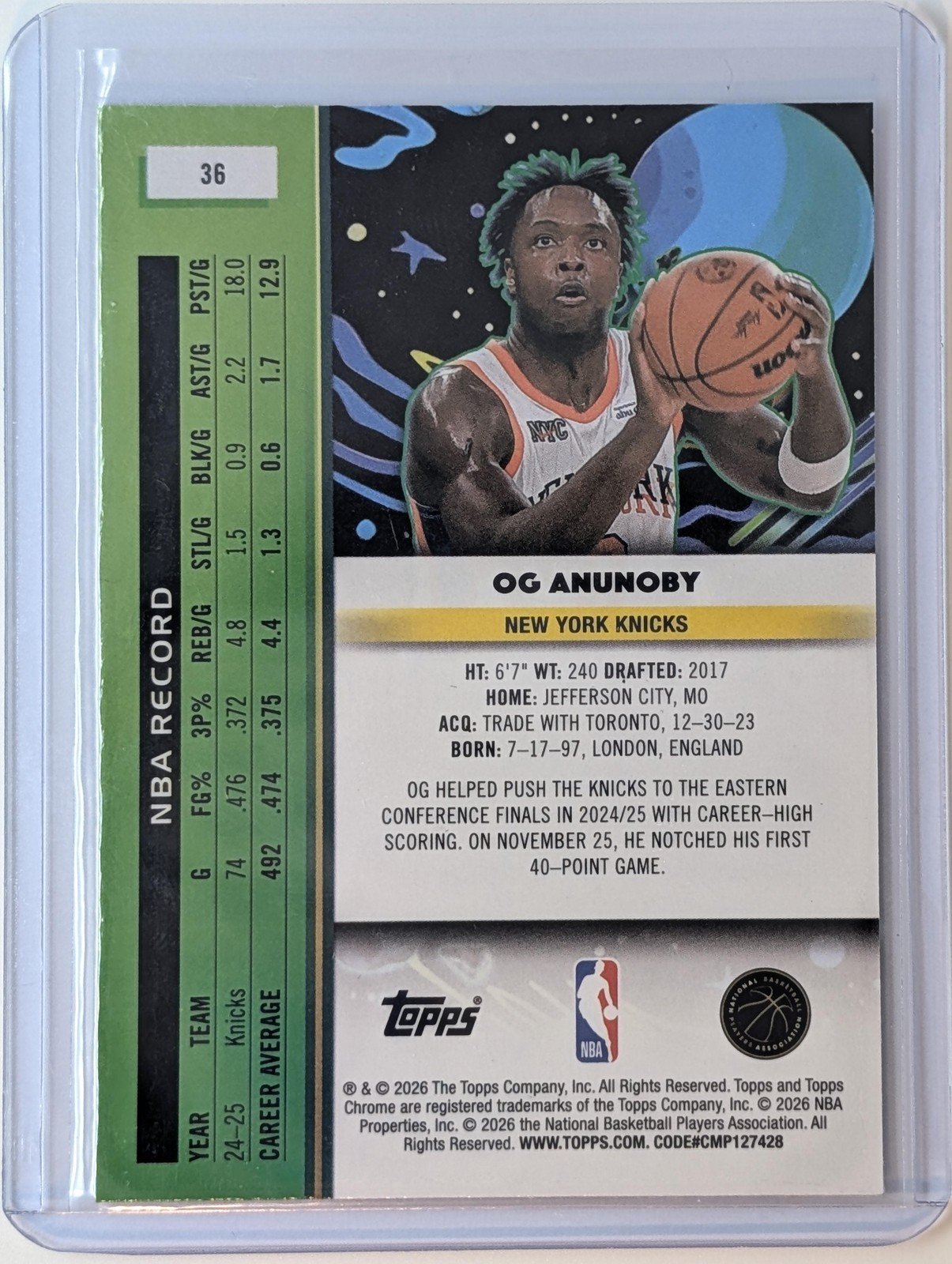 Back of 2025-26 Topps Chrome Cosmic #36 OG Anunoby