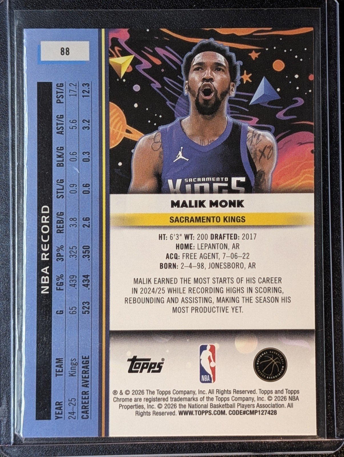 Back of 2025-26 Topps Chrome Cosmic #88 Malik Monk