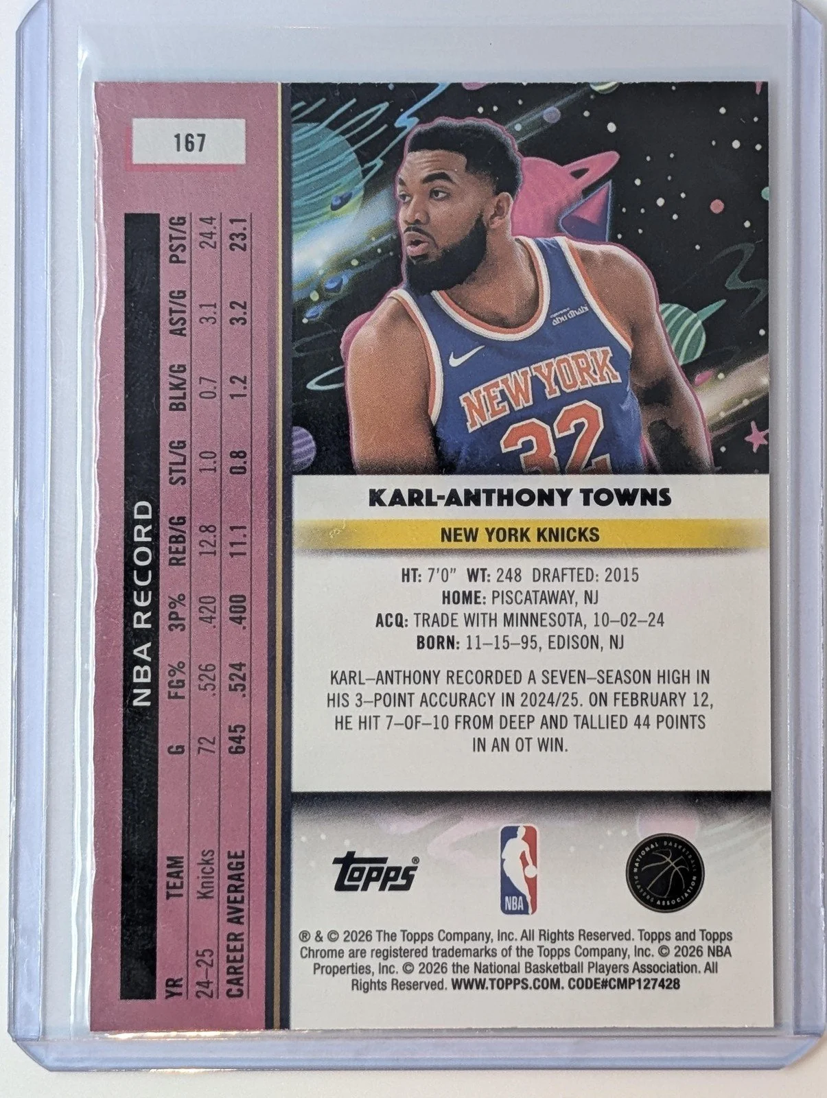 Back of 2025-26 Topps Chrome Cosmic #167 Karl-Anthony Towns Nucleous Refractor