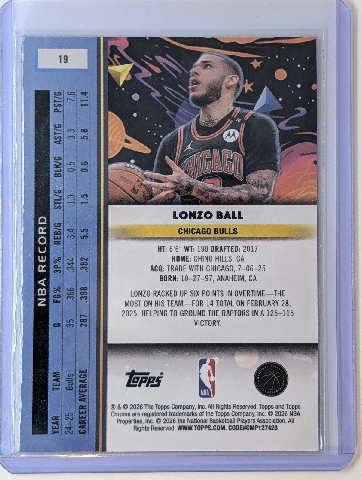 Back of 2025-26 Topps Chrome Cosmic #19 Lonzo Ball Nucleous