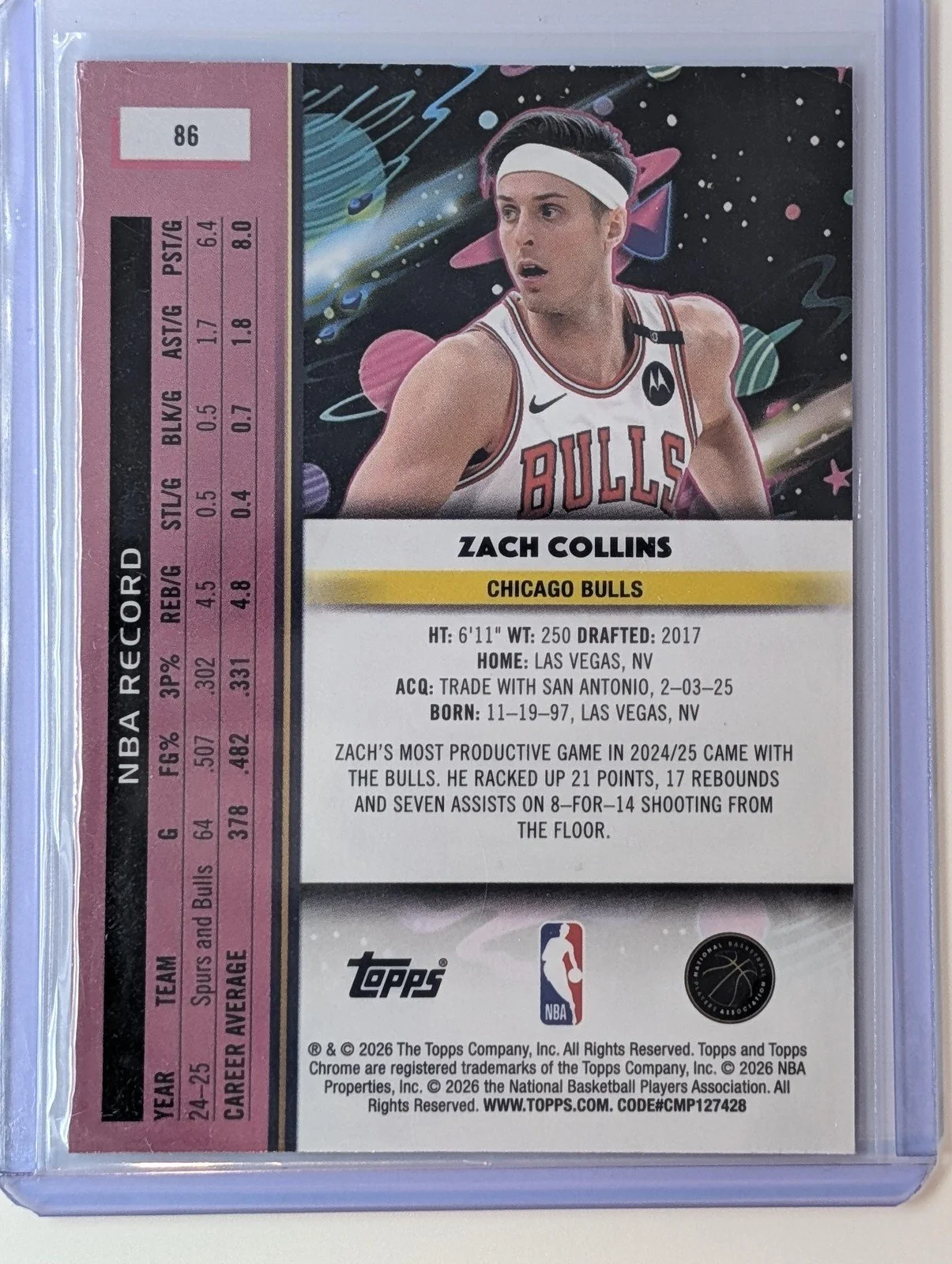Back of 2025-26 Topps Chrome Cosmic #86 Zach Collins Nucleous