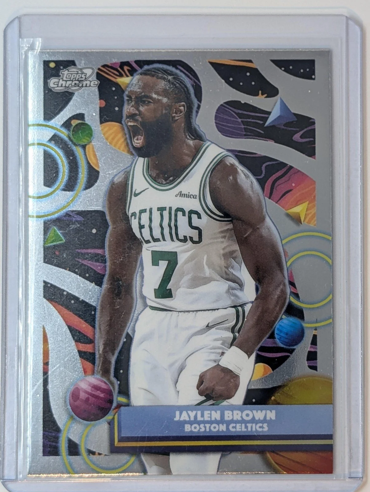 Front of 2025-26 Topps Chrome Cosmic #112 Jaylen Brown