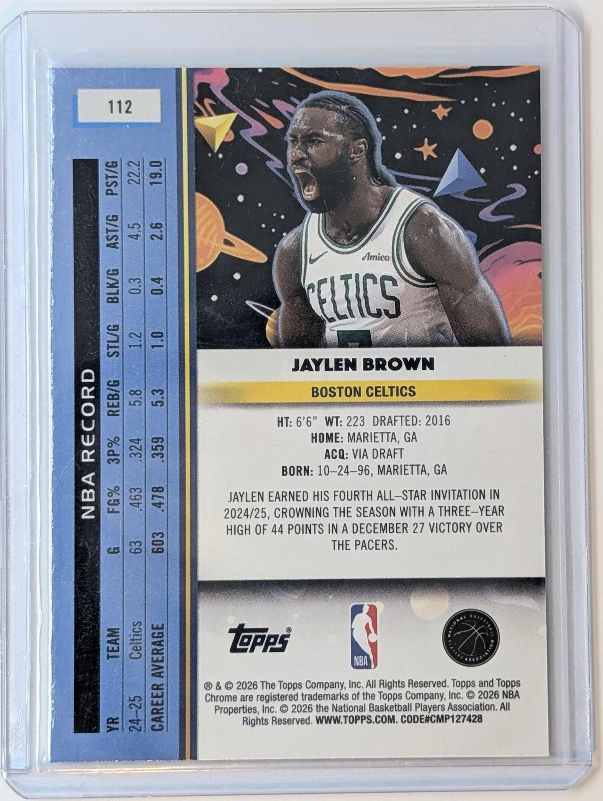 Back of 2025-26 Topps Chrome Cosmic #112 Jaylen Brown