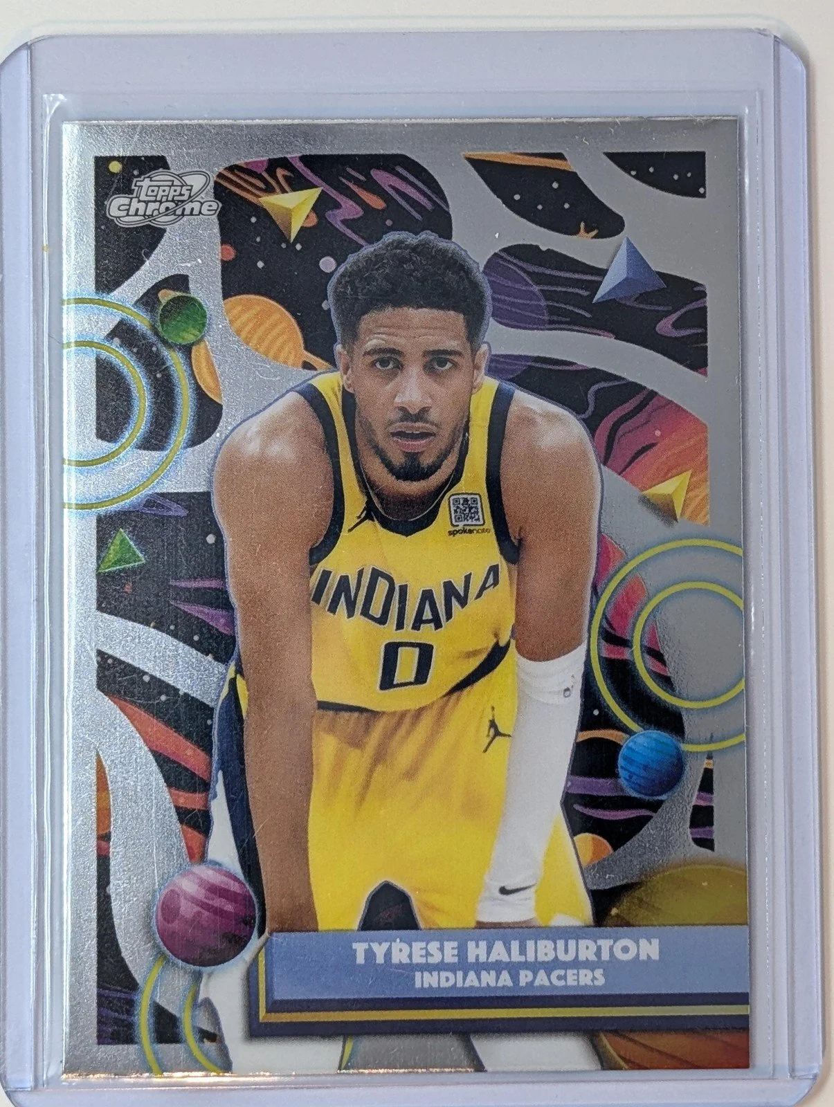 Front of 2025-26 Topps Chrome Cosmic #90 Tyrese Haliburton