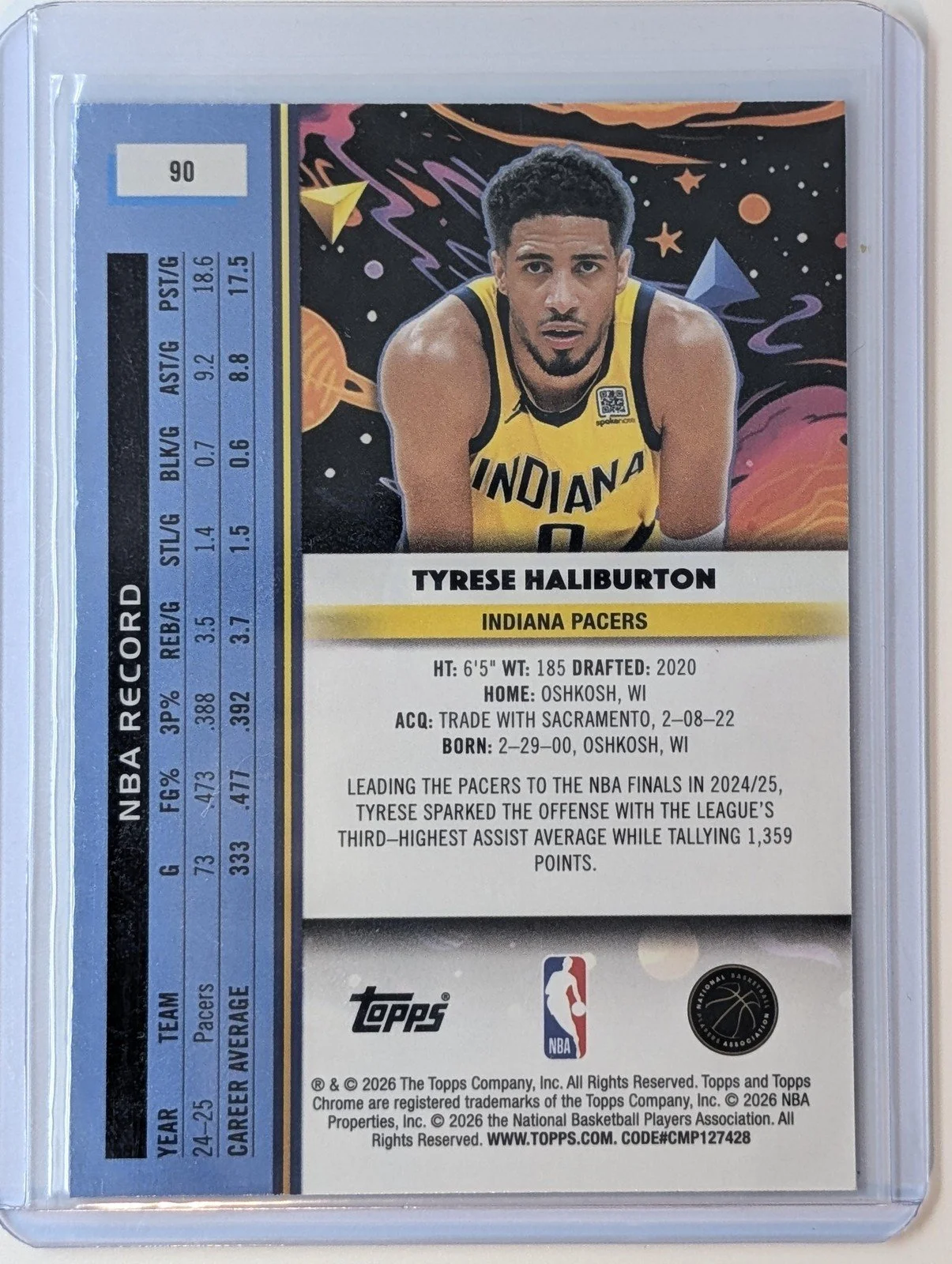 Back of 2025-26 Topps Chrome Cosmic #90 Tyrese Haliburton