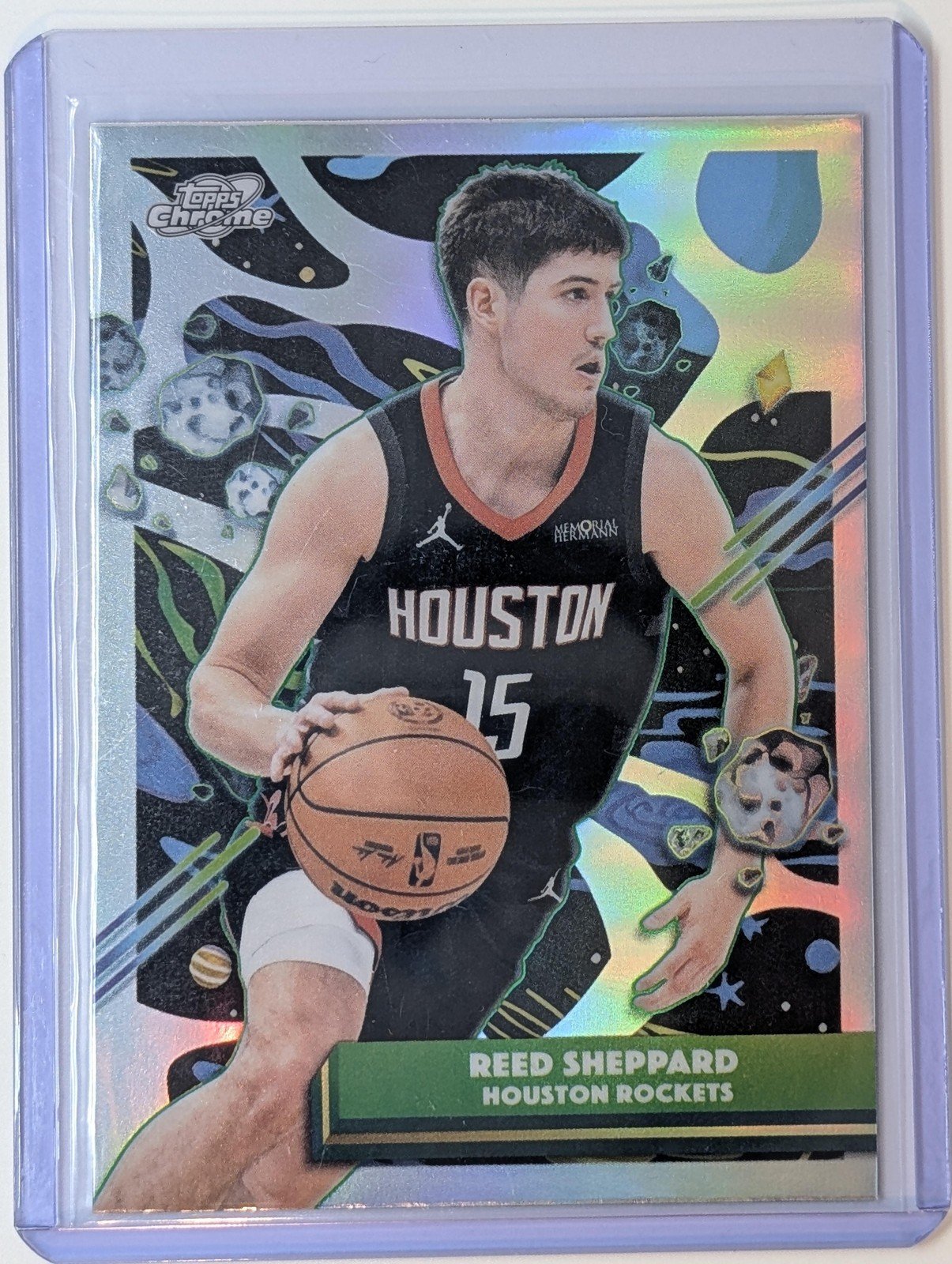 Front of 2025-26 Topps Chrome Cosmic #192 Reed Sheppard refractor