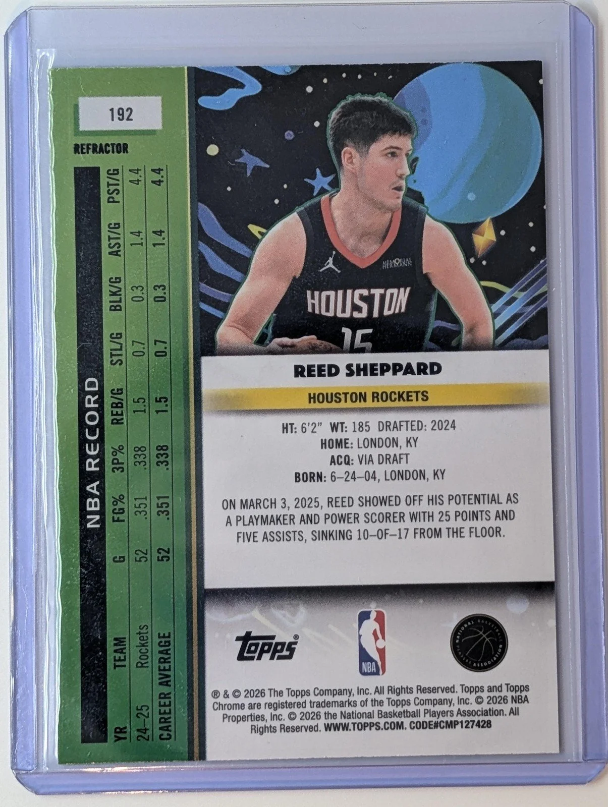 Back of 2025-26 Topps Chrome Cosmic #192 Reed Sheppard refractor