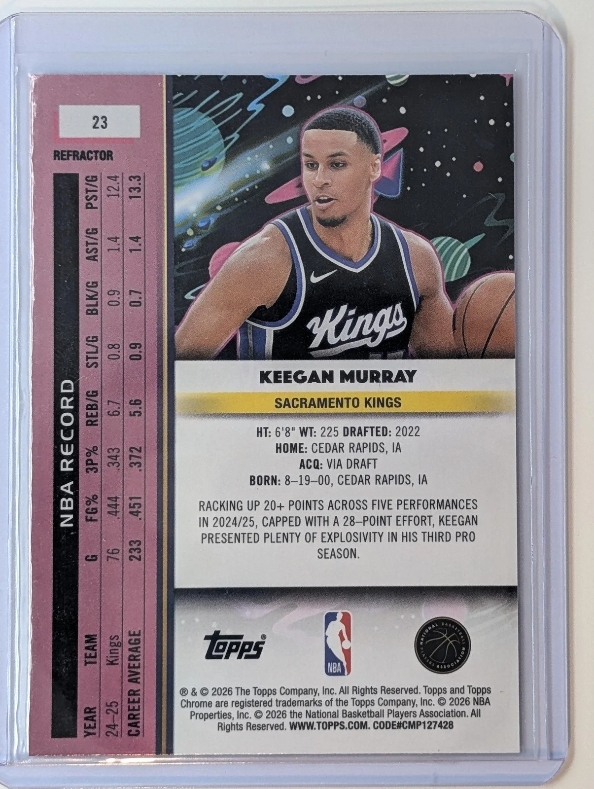 Back of 2025-26 Topps Chrome Cosmic #23 Keegan Murray refractor