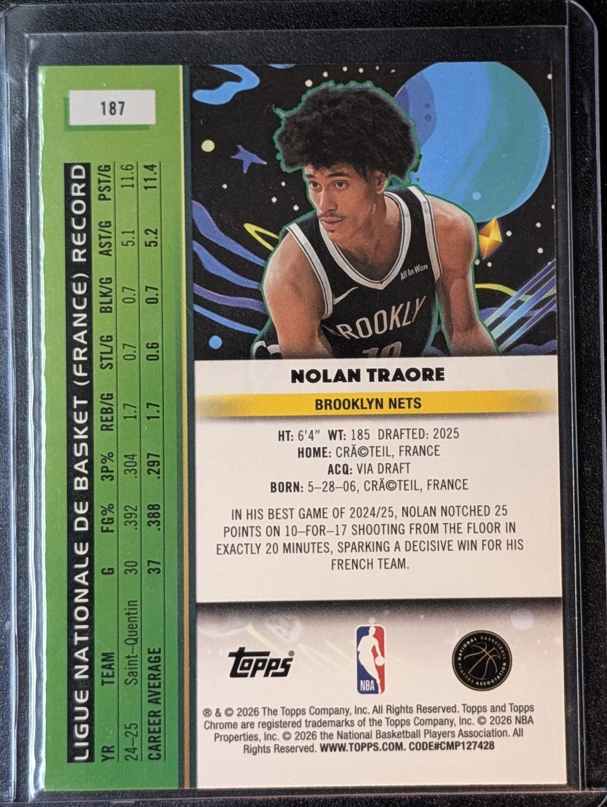 Back of 2025-26 Topps Chrome Cosmic #187 Nolan Traore RC