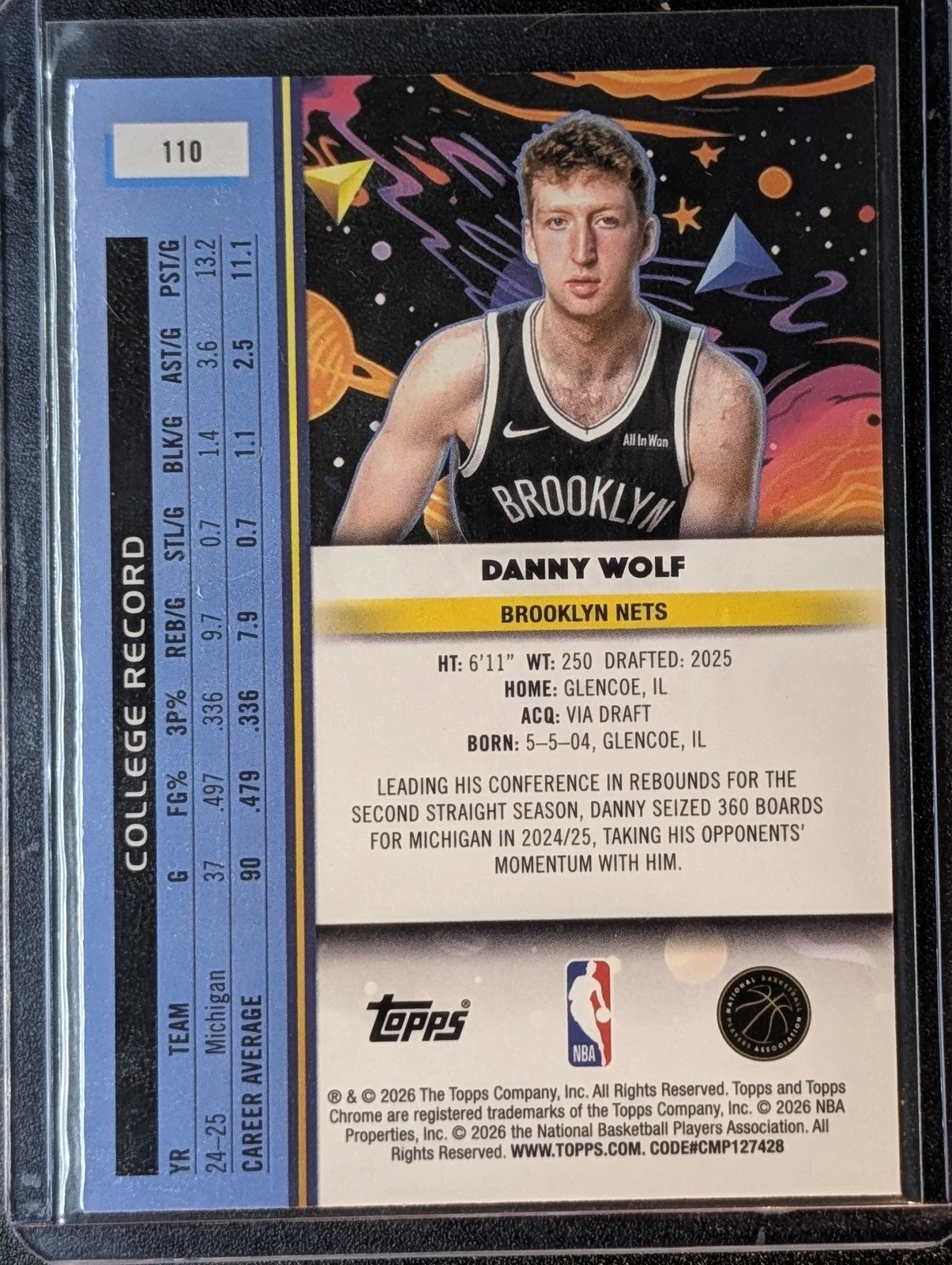 Back of 2025-26 Topps Chrome Cosmic #110 Danny Wolf