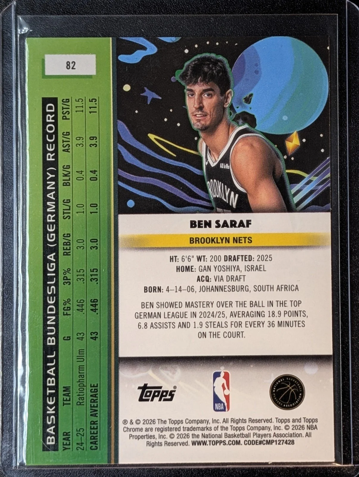 Back of 2025-26 Topps Chrome Cosmic #82 Ben Saraf