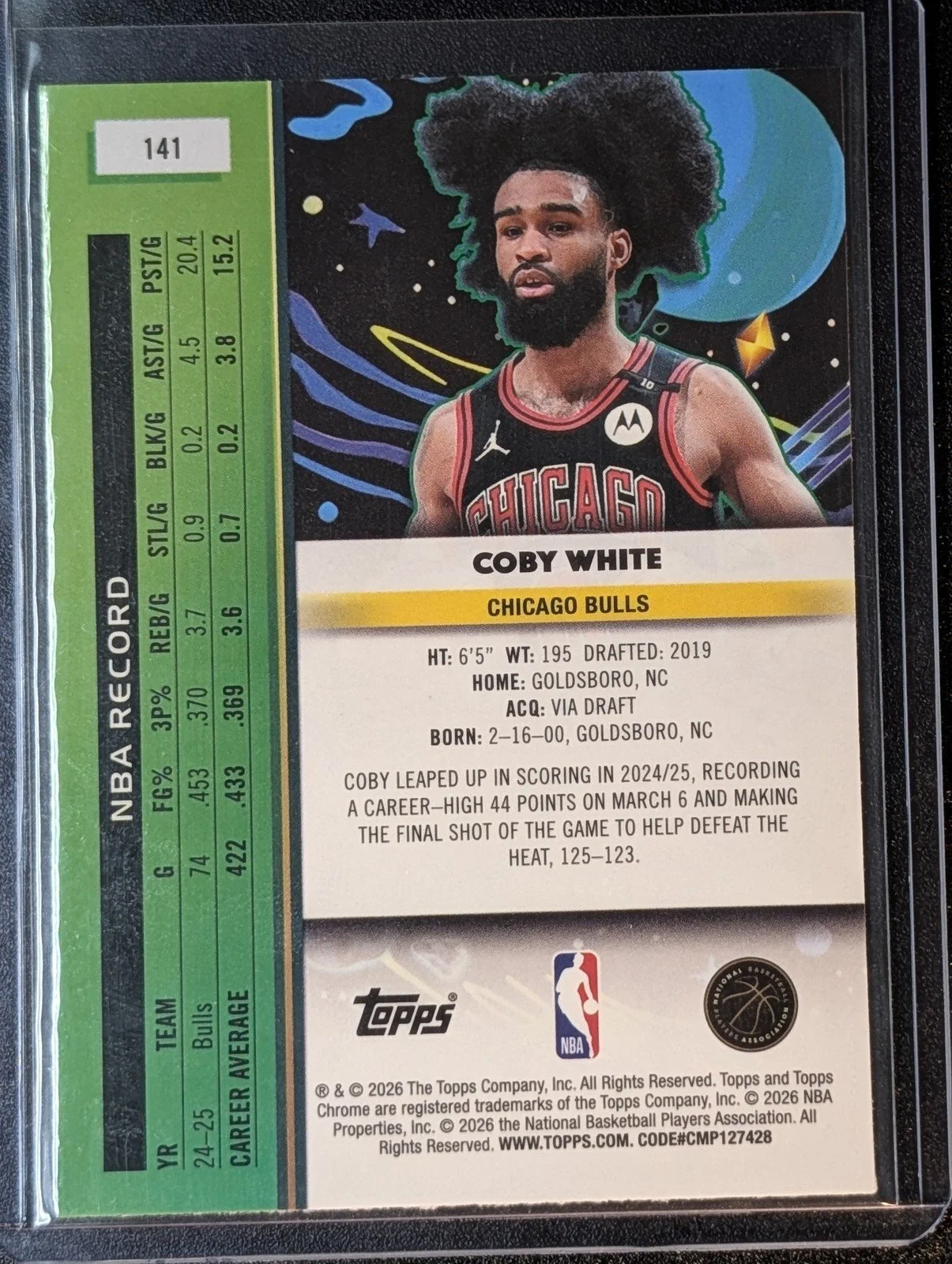 Back of 2025-26 Topps Chrome Cosmic #141 Coby White