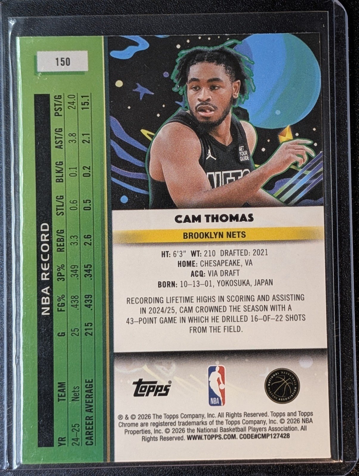 Back of 2025-26 Topps Chrome Cosmic #150 Cam Thomas