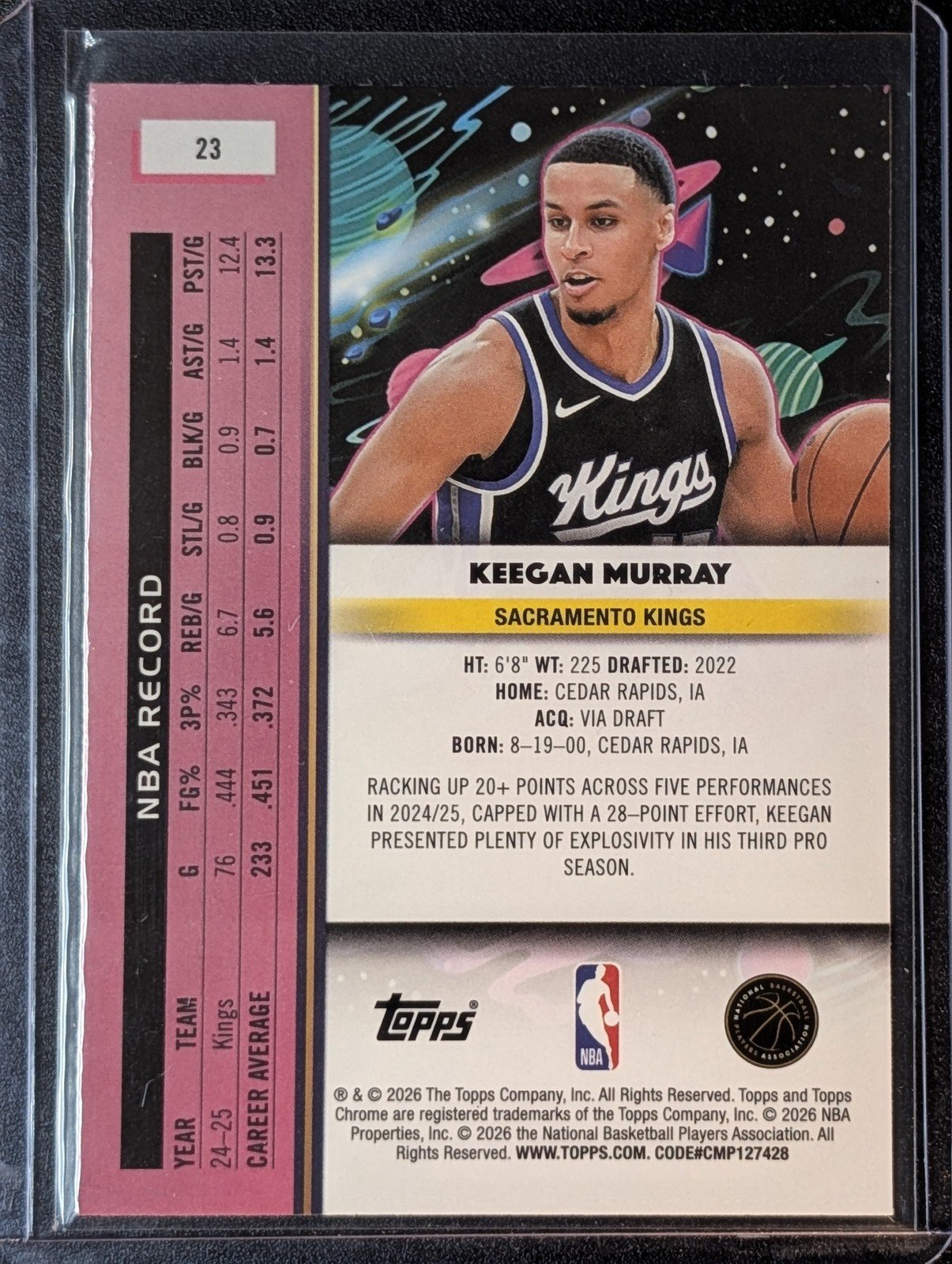 Back of 2025-26 Topps Chrome Cosmic #23 Keegan Murray