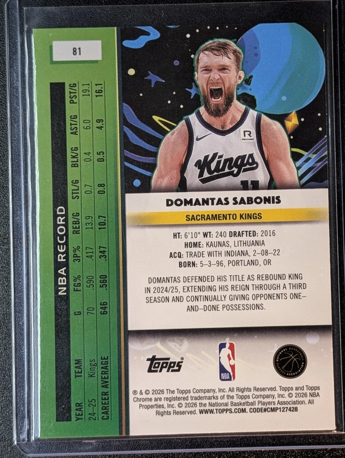 Back of 2025-26 Topps Chrome Cosmic #81 Domantas Sabonis
