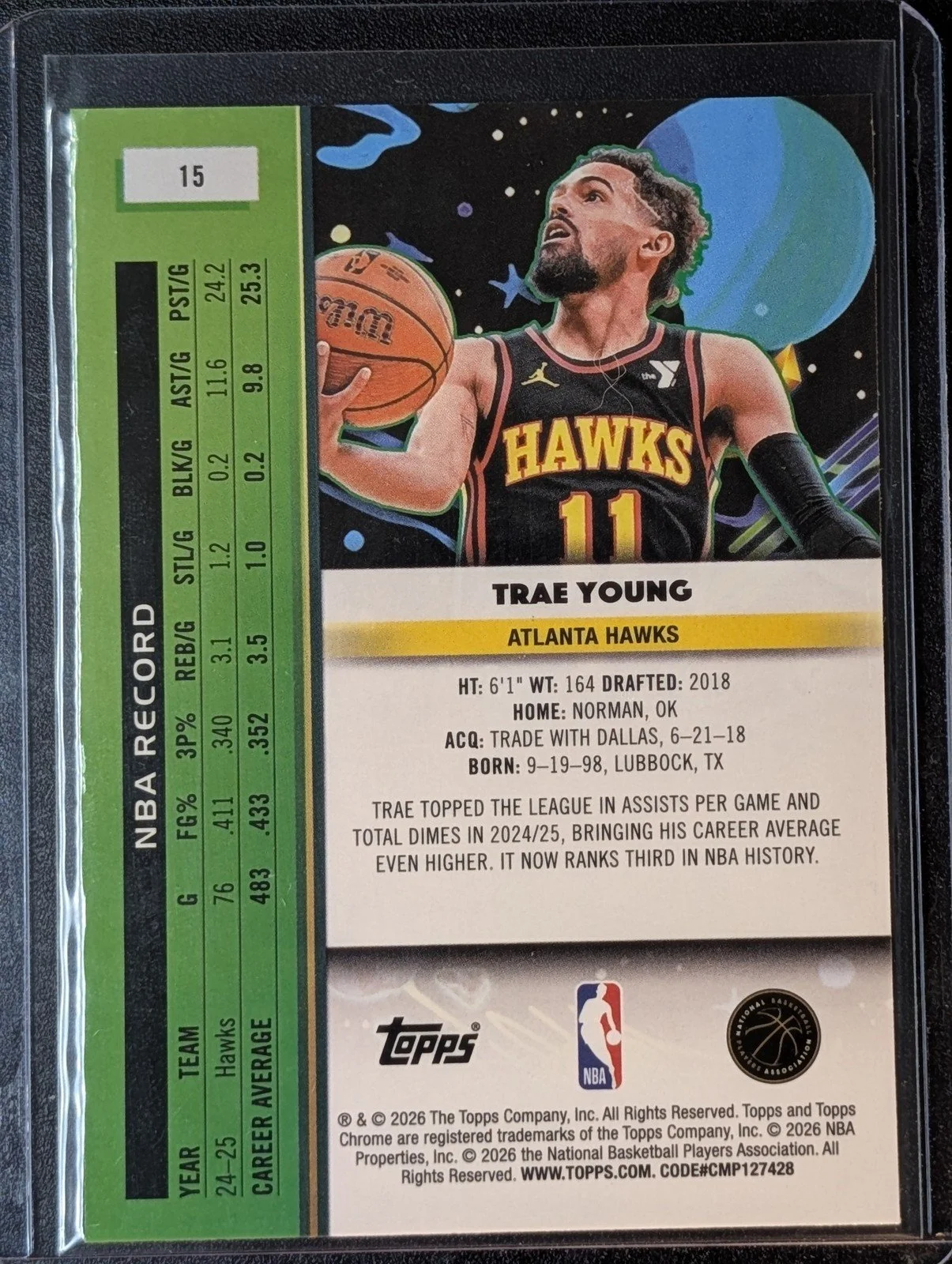 Back of 2025-26 Topps Chrome Cosmic #15 Trae Young