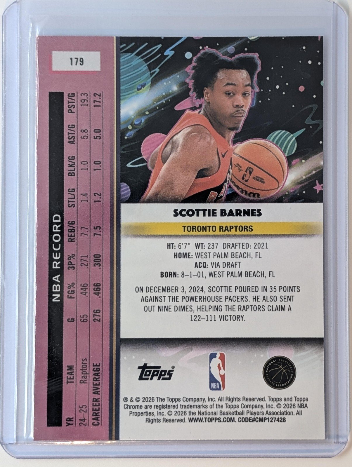 Back of 2025-26 Topps Chrome Cosmic #179 Scottie Barnes