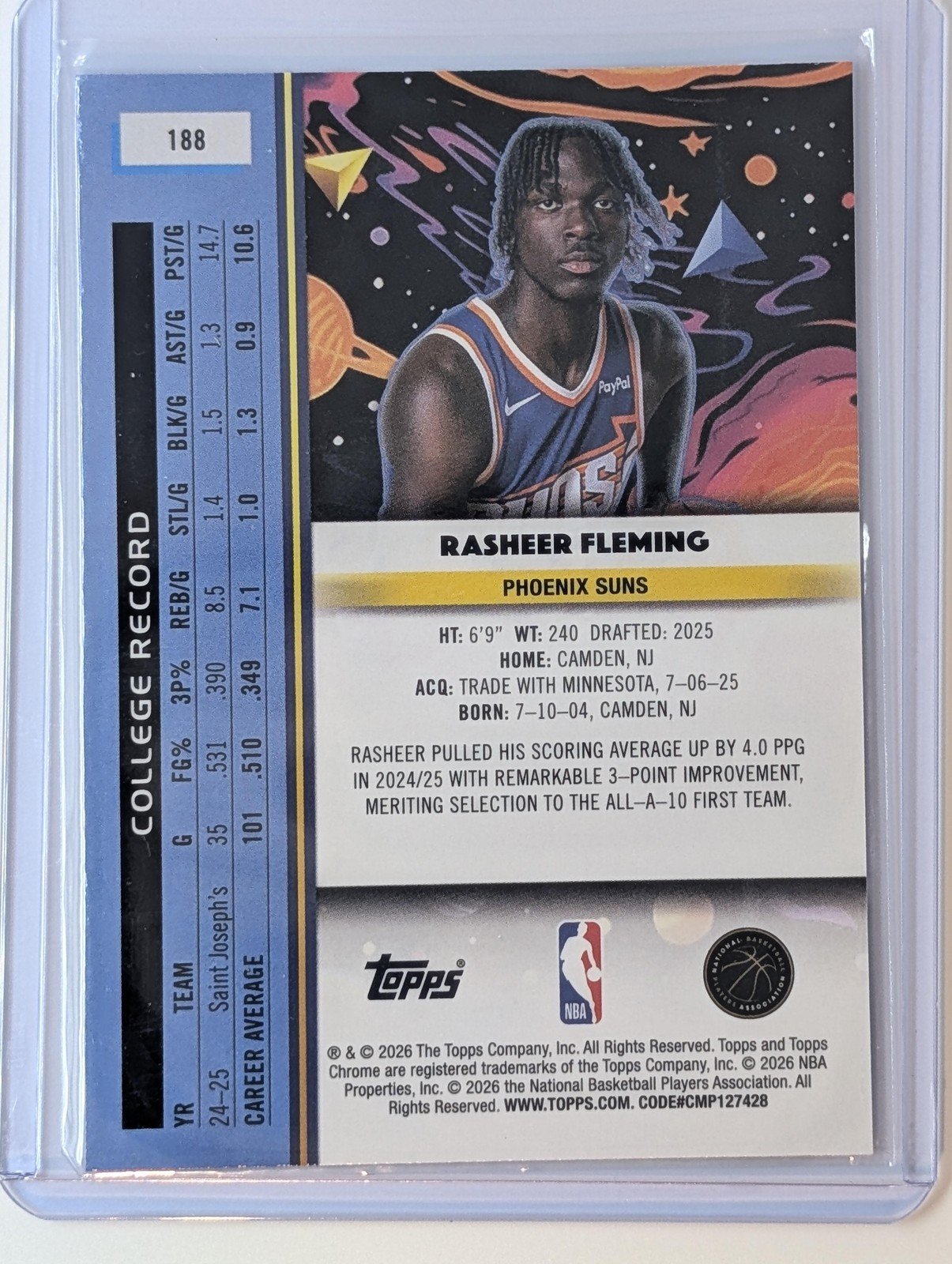 Back of 2025-26 Topps Chrome Cosmic #188 Rasheer Fleming RC