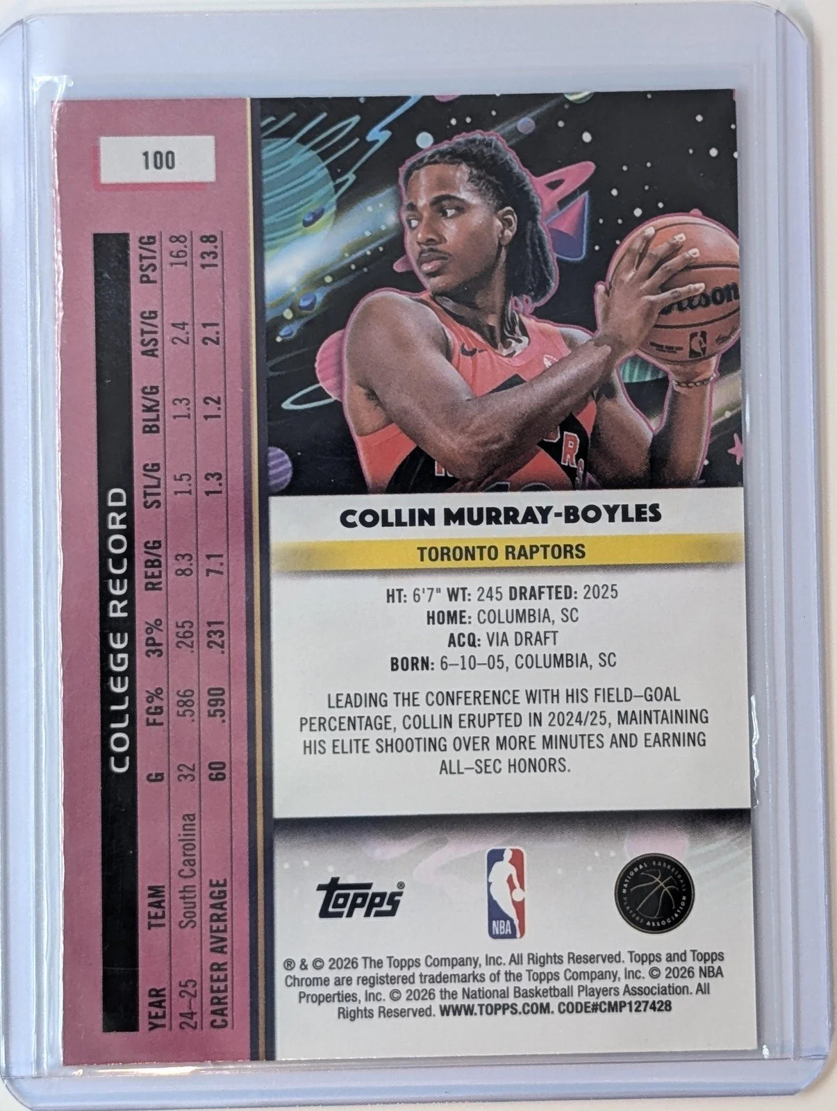 Back of 2025-26 Topps Chrome Cosmic #100 Collin Murray-Boyles RC