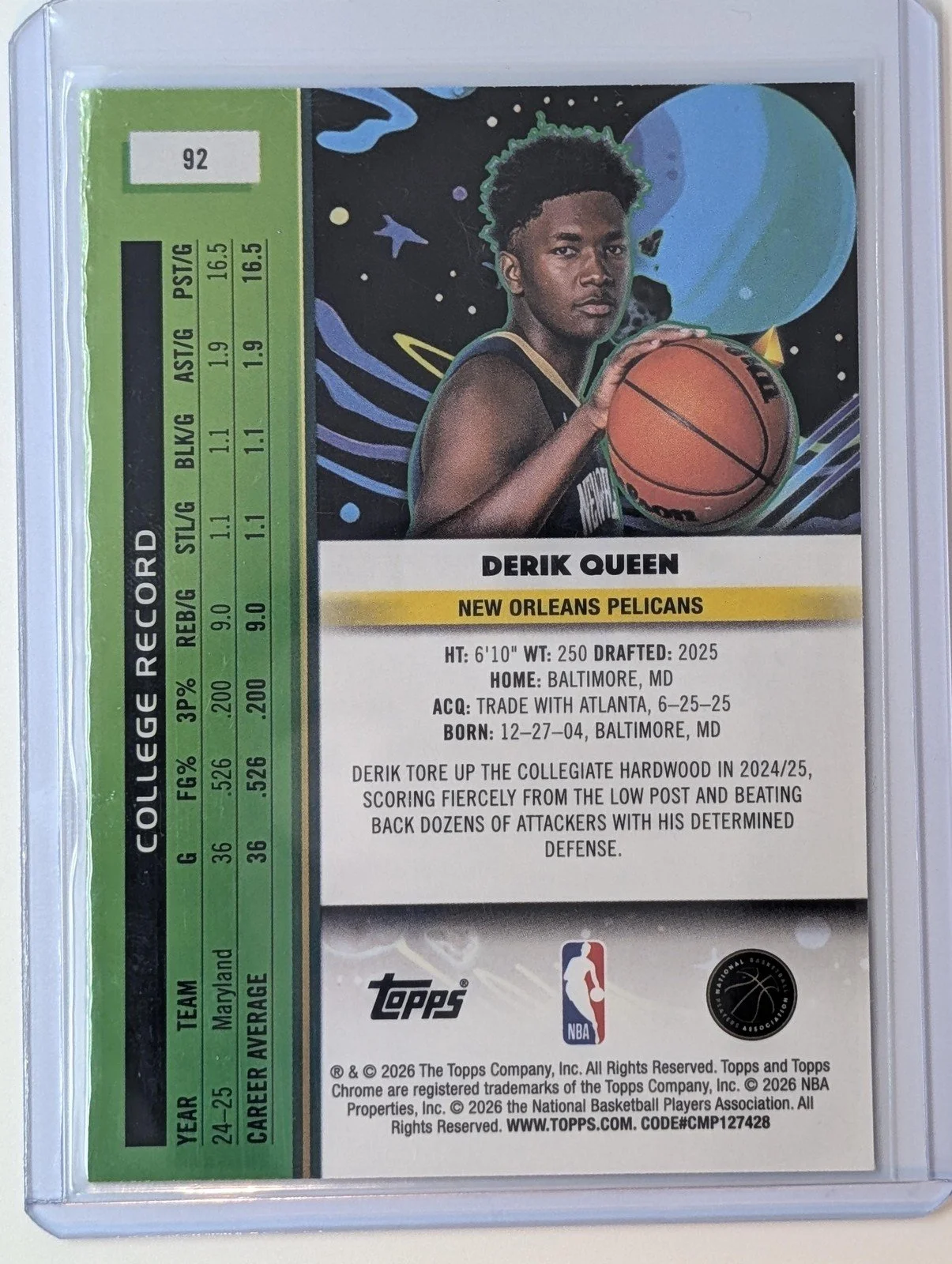 Back of 2025-26 Topps Chrome Cosmic #92 Derik Queen