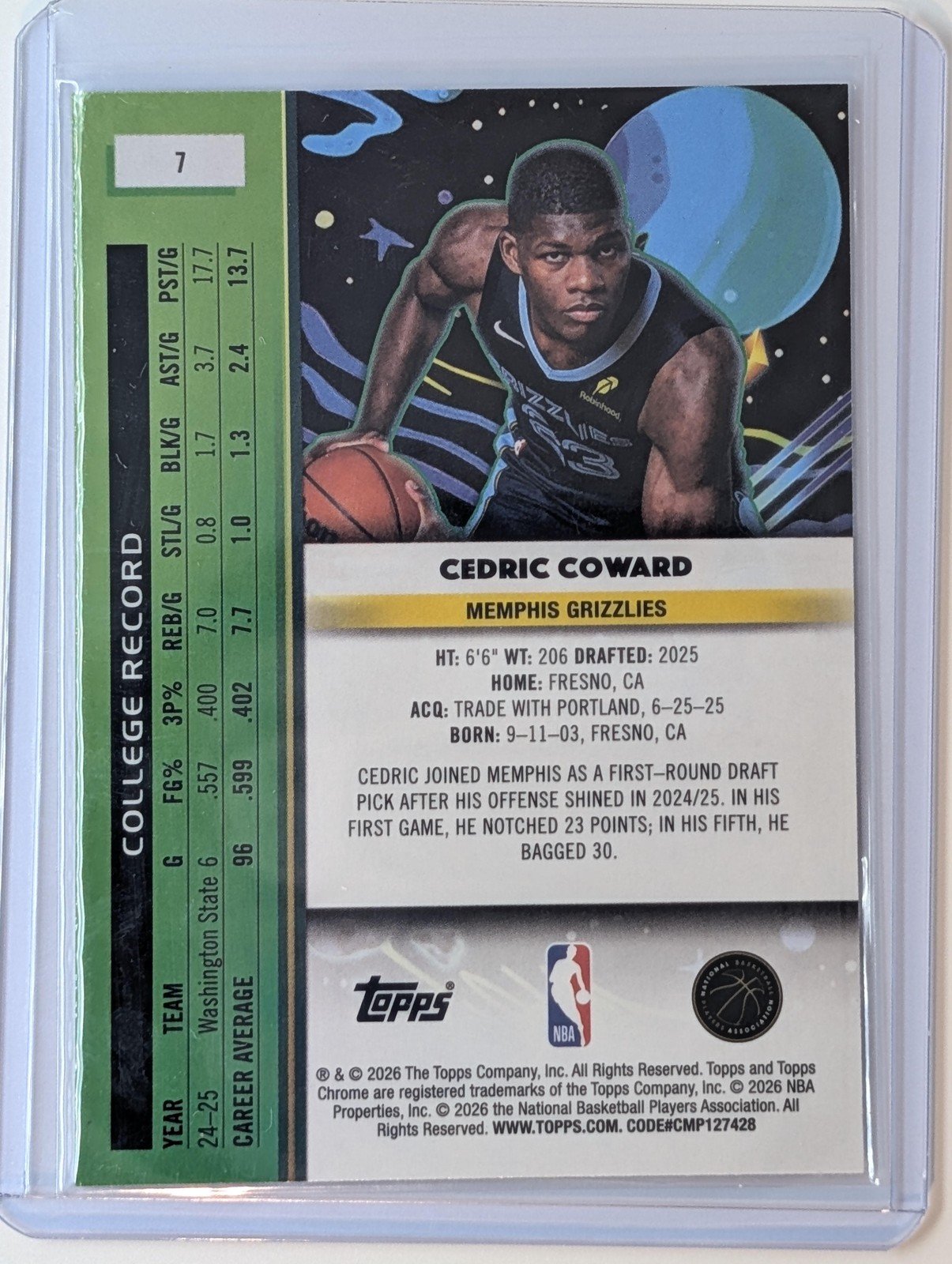 Back of 2025-26 Topps Chrome Cosmic #7 Cedric Coward