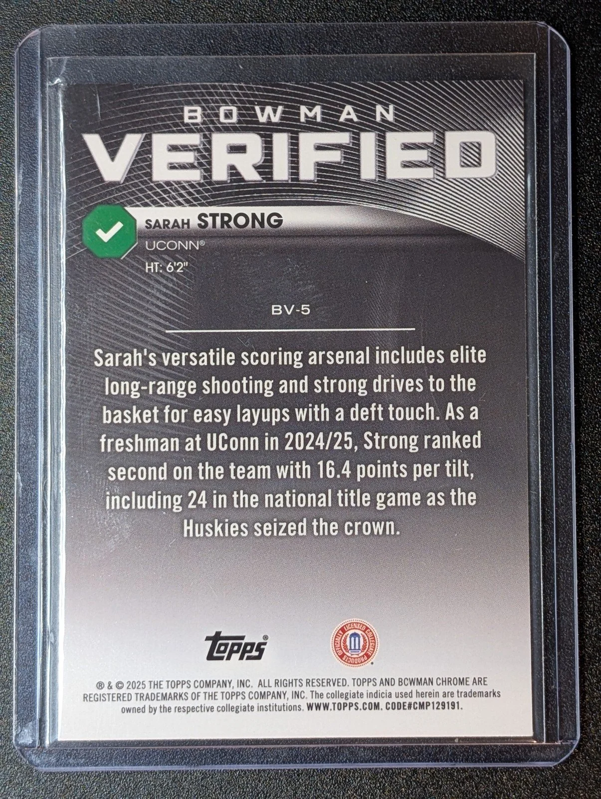 Back of 2025-26 Bowman #BV-5 Sarah Strong Bowman Verified
