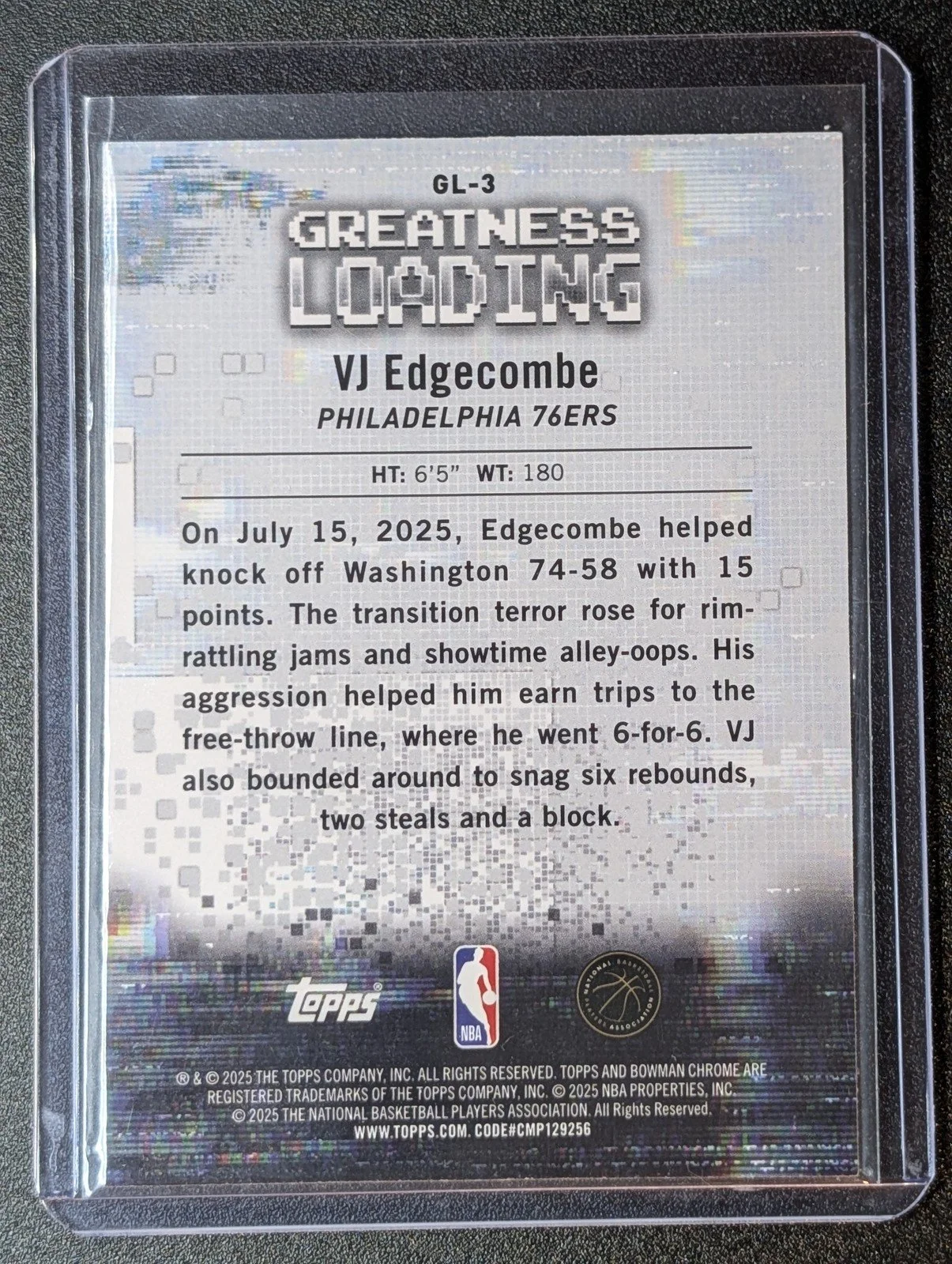 Back of 2025-26 Bowman #GL-3 VJ Edgecombe Greatness Loading