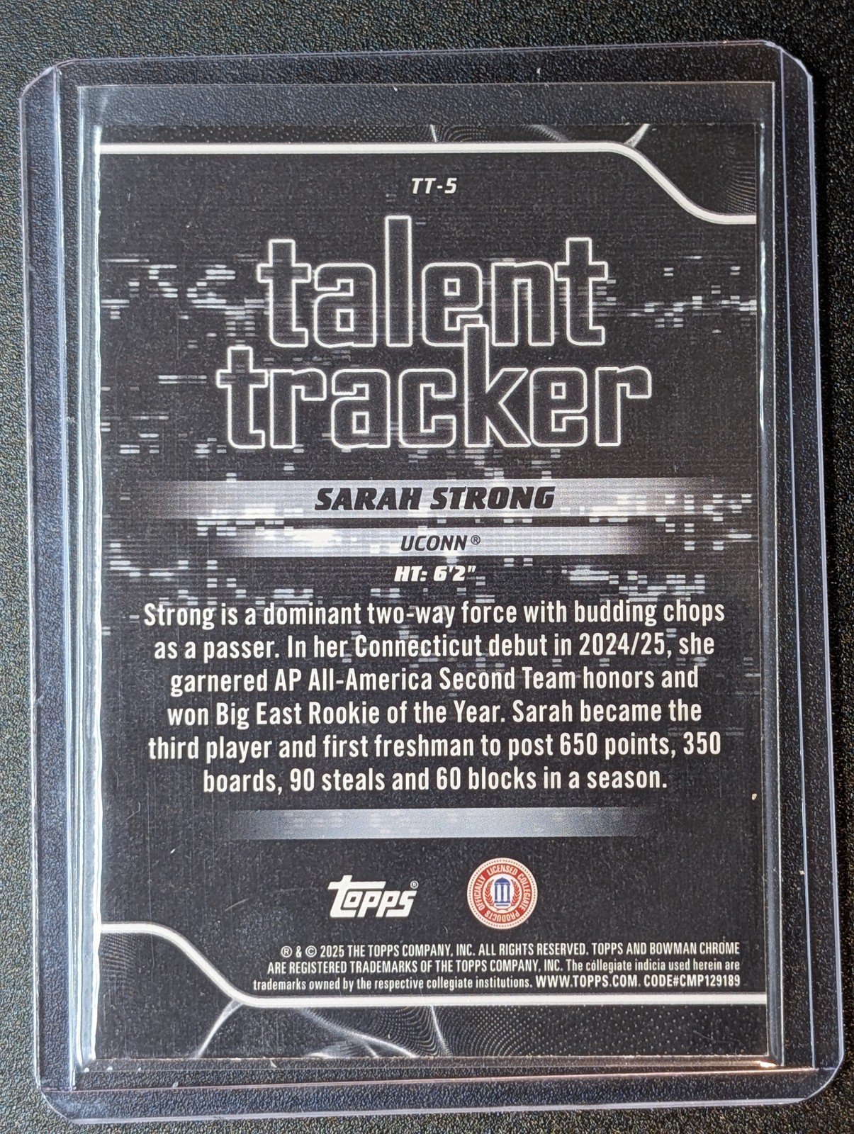 Back of 2025-26 Bowman #TT-5 Sarah Strong Talent Tracker