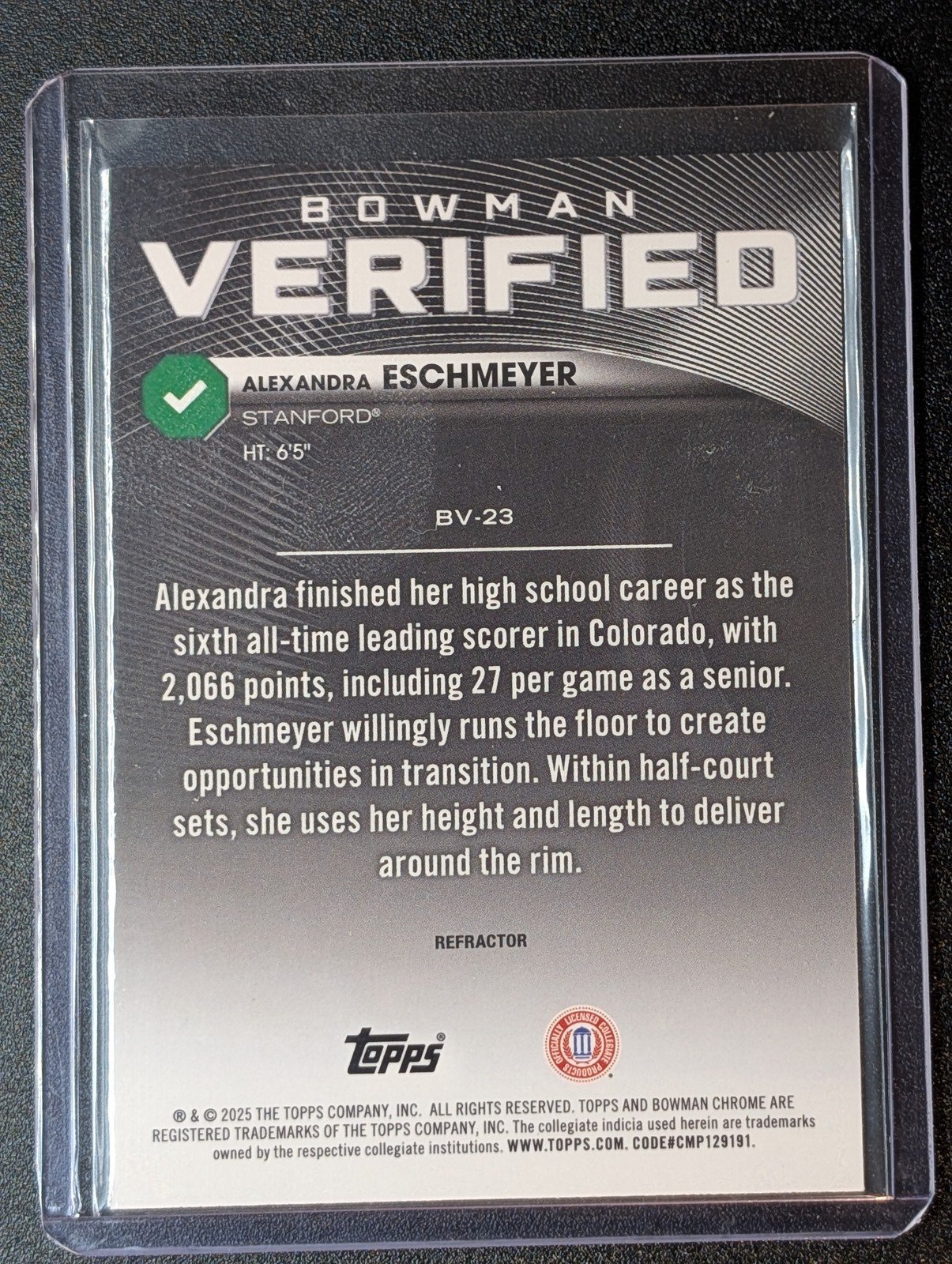 Back of 2025-26 Bowman #BV-23 Alexandra Eschmeyer Bowman Verified Refractor