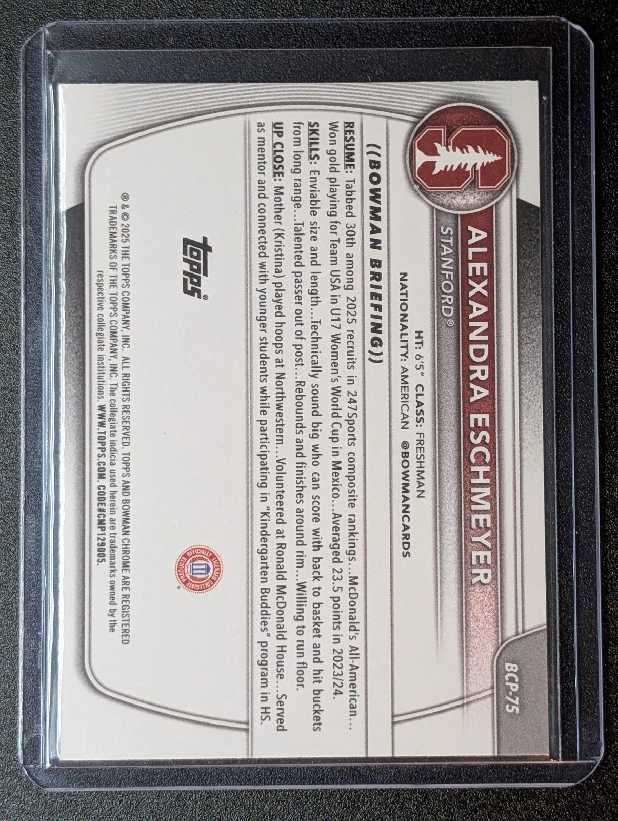 Back of 2025-26 Bowman #BCP-75 Alexandra Eschmeyer Chrome Prospects