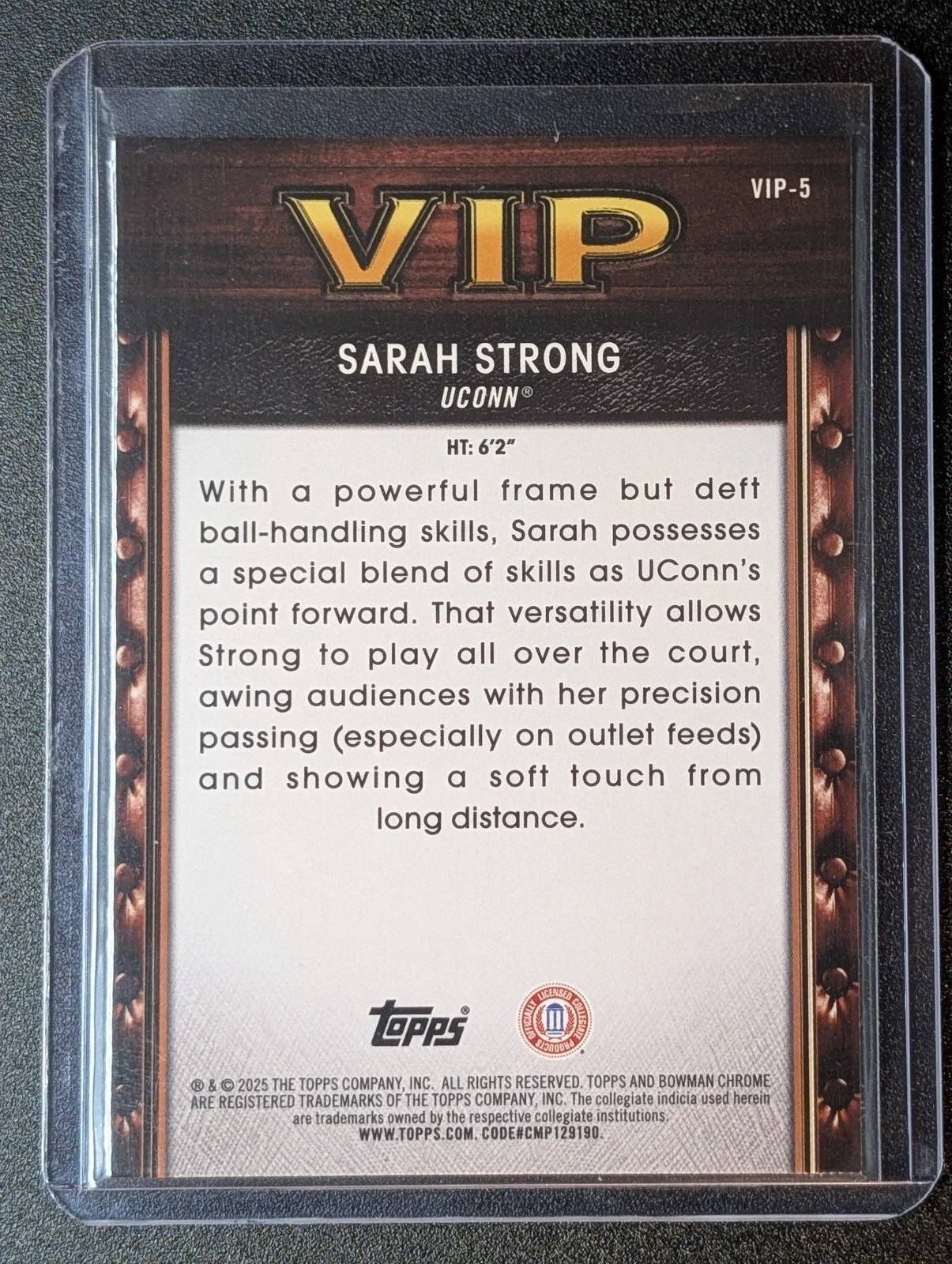 Back of 2025-26 Bowman #VIP-5 Sarah Strong Very Important Prospects