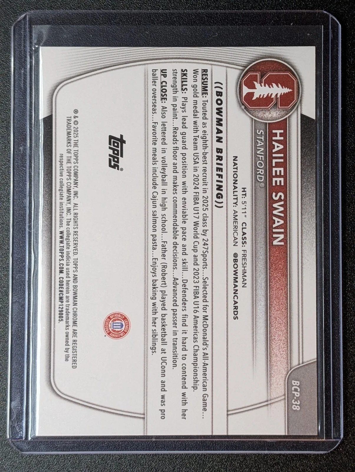 Back of 2025-26 Bowman #BCP-38 Hailee Swain Chrome Prospects