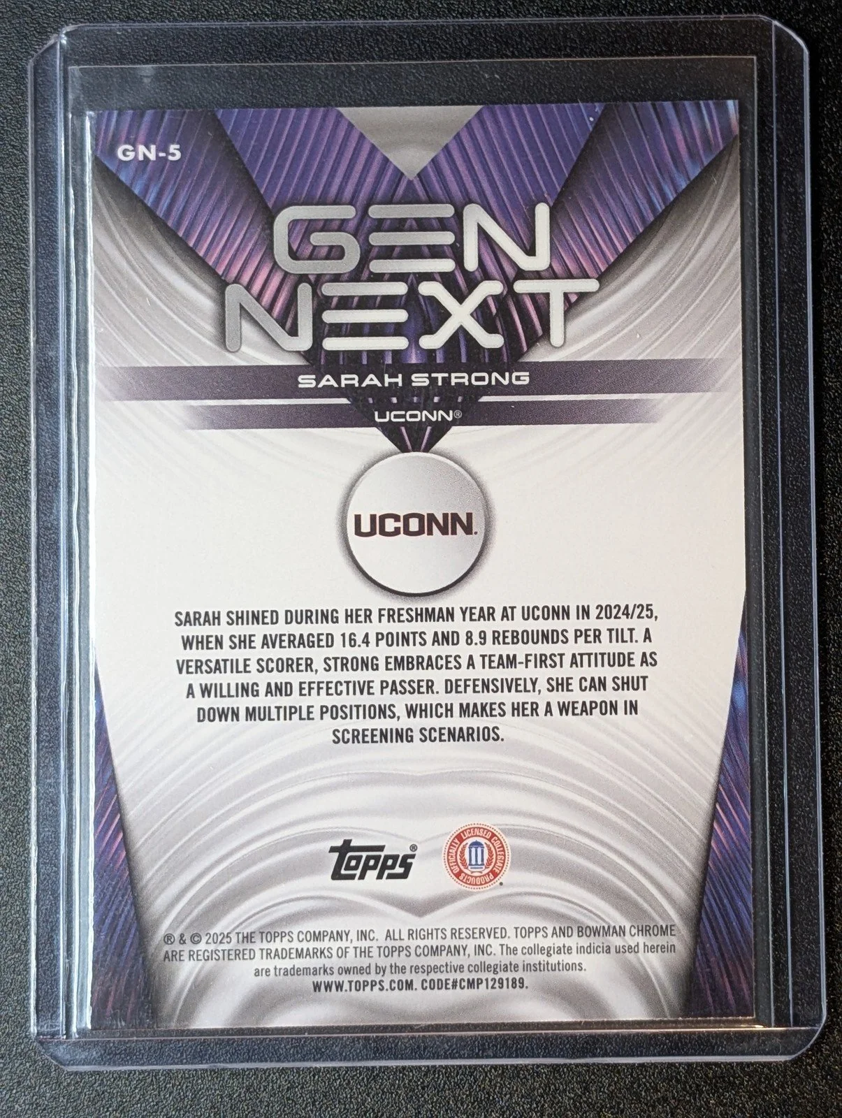 Back of 2025-26 Bowman #GN-5 Sarah Strong Gen Next