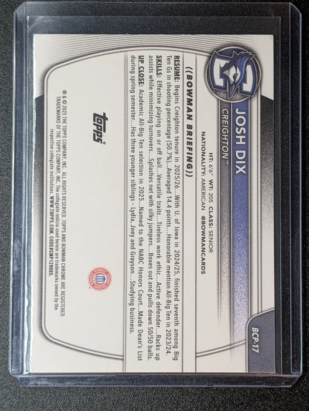 Back of 2025-26 Bowman #BCP-17 Josh Dix Chrome Prospects