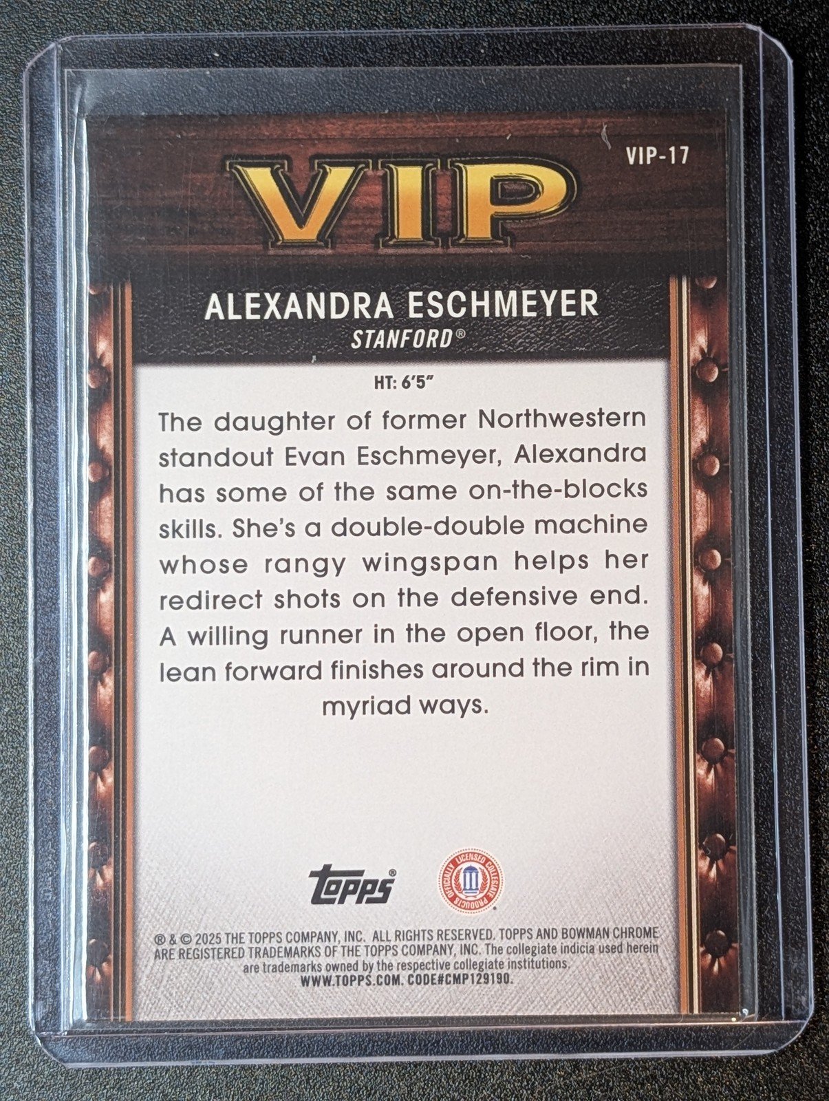 Back of 2025-26 Bowman #VIP-17 Alexandra Eschmeyer Very Important Prospects
