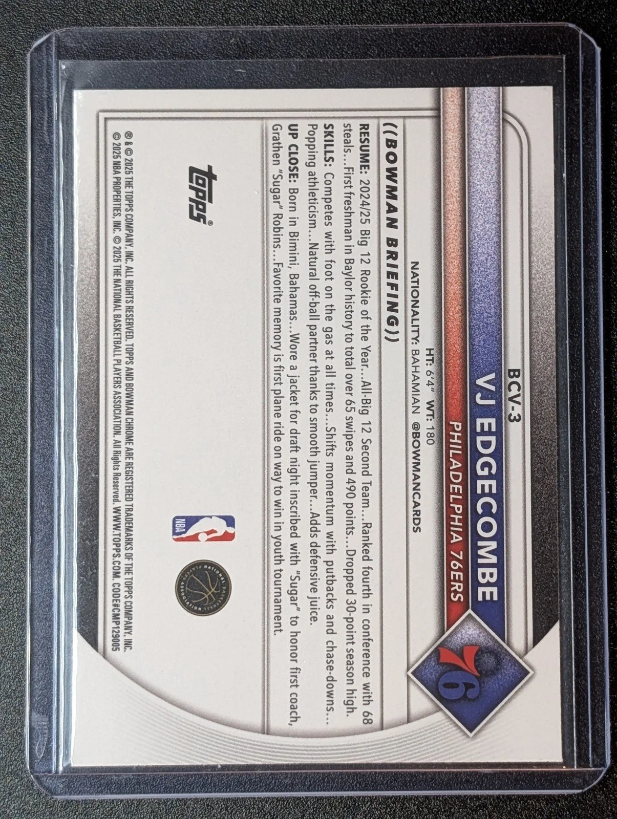 Back of 2025-26 Bowman #BCV-3 VJ Edgecombe Chrome