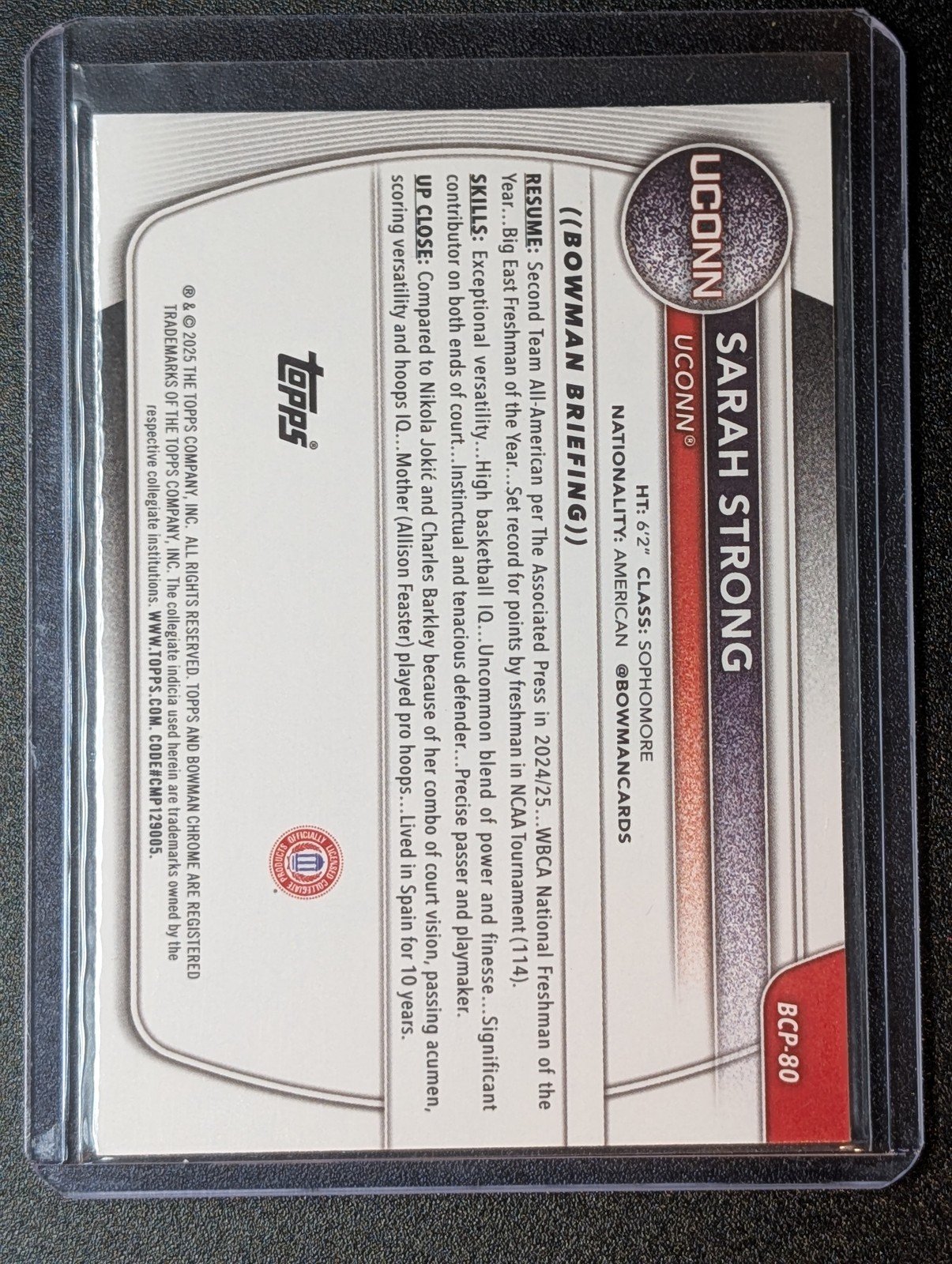 Back of 2025-26 Bowman #BCP-80 Sarah Strong Chrome Prospects