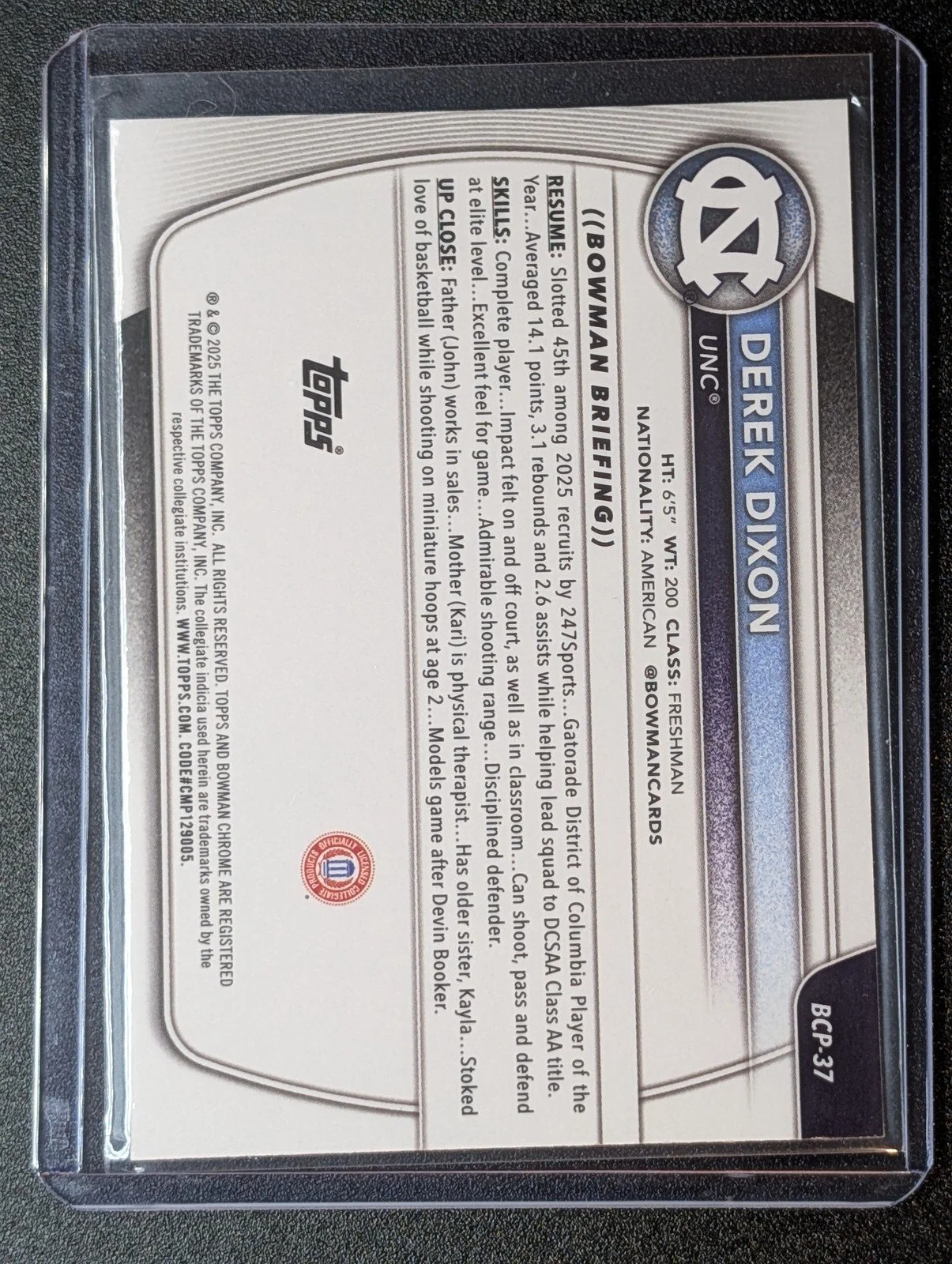 Back of 2025-26 Bowman #BCP-37 Derek Dixon Chrome Prospects