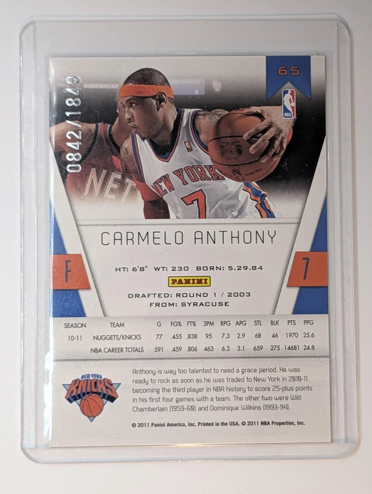 Back of 2011 Panini Totally Certified #65 Carmelo Anthony Totally Certified /1849