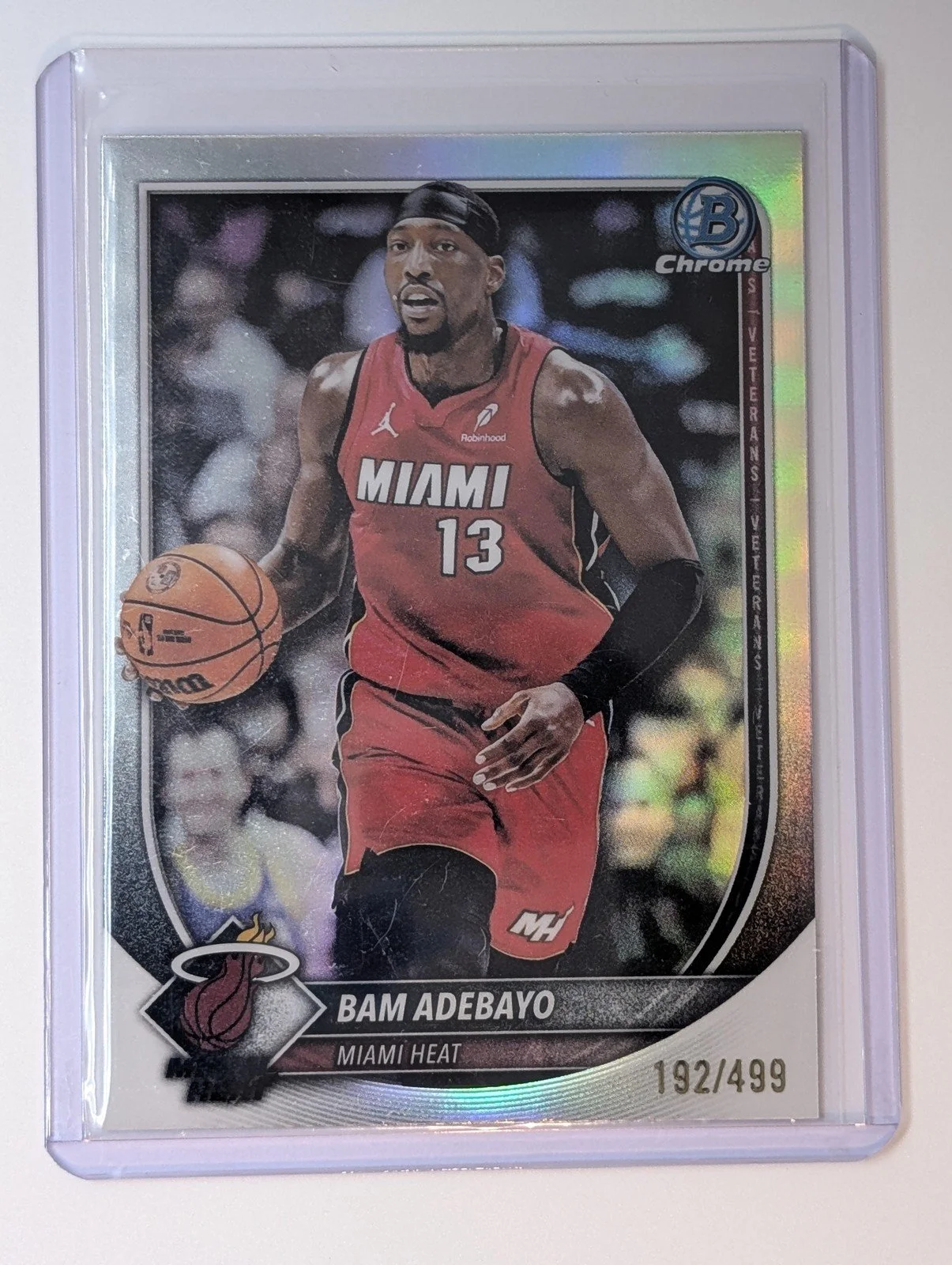 Front of 2025-26 Bowman #BCV-89 Bam Adebayo Chrome Refractor #/499