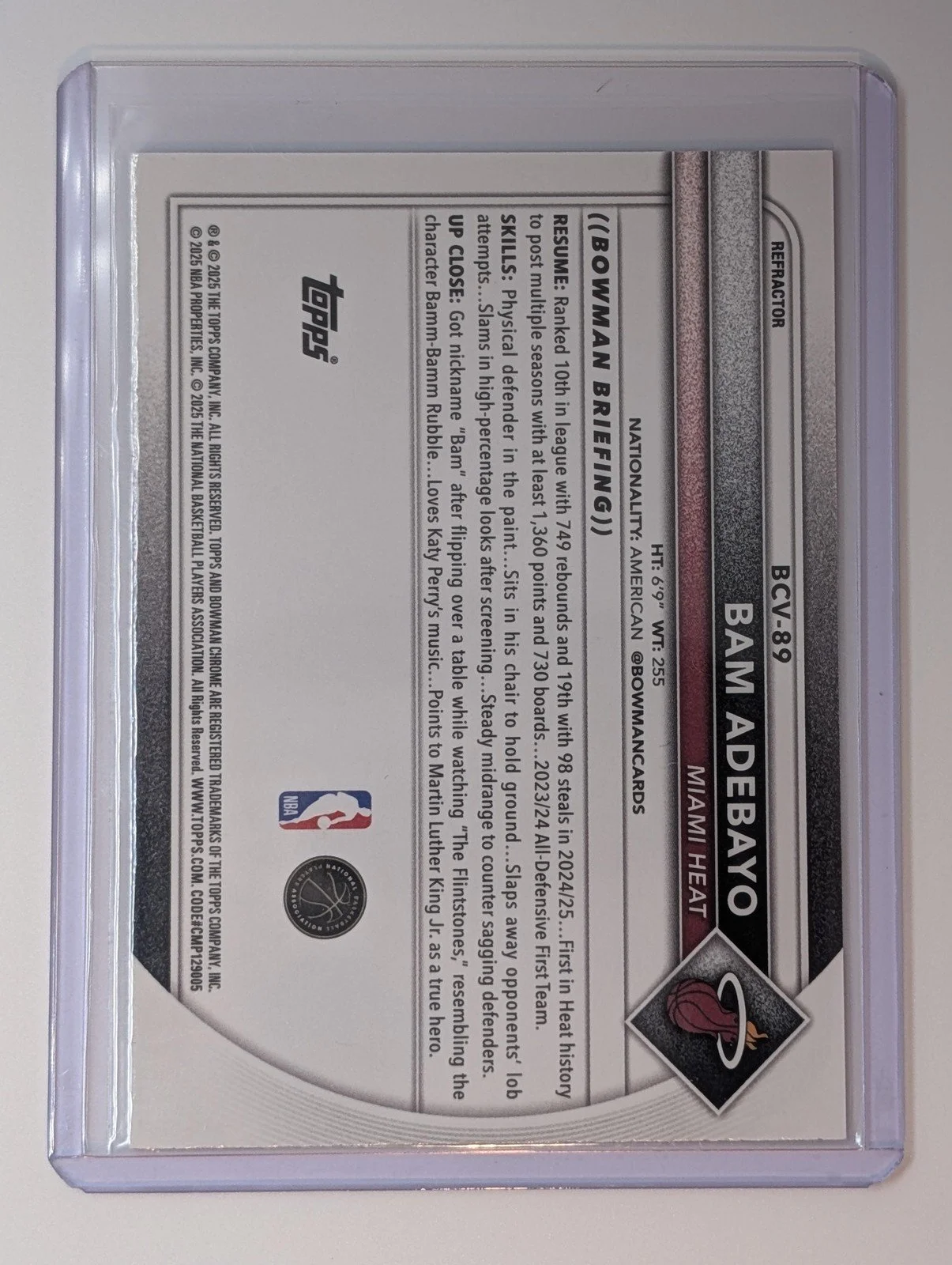Back of 2025-26 Bowman #BCV-89 Bam Adebayo Chrome Refractor #/499