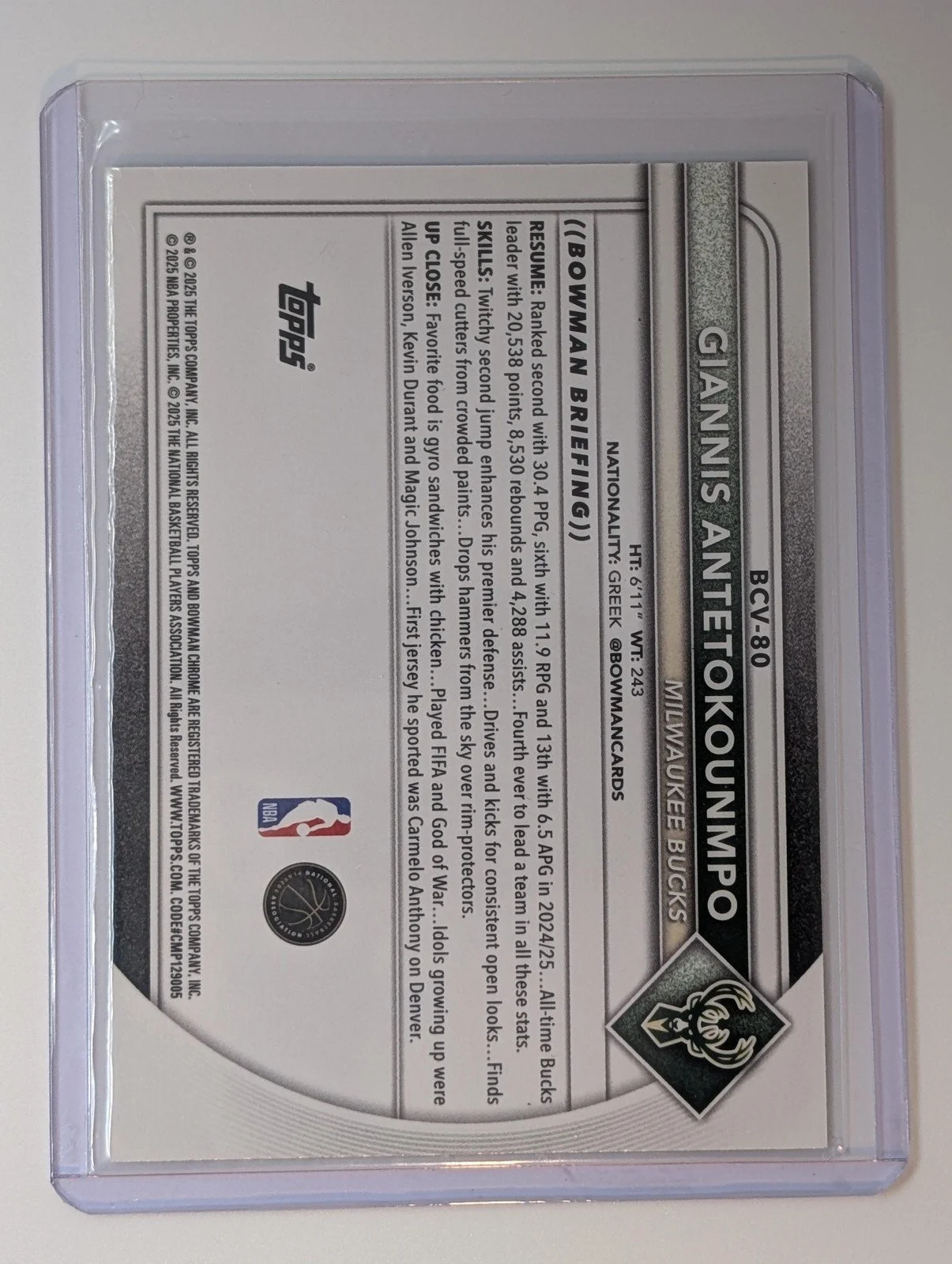Back of 2025-26 Bowman #BCV-80 Giannis Antetokounmpo Chrome Mini-Diamond Refractor