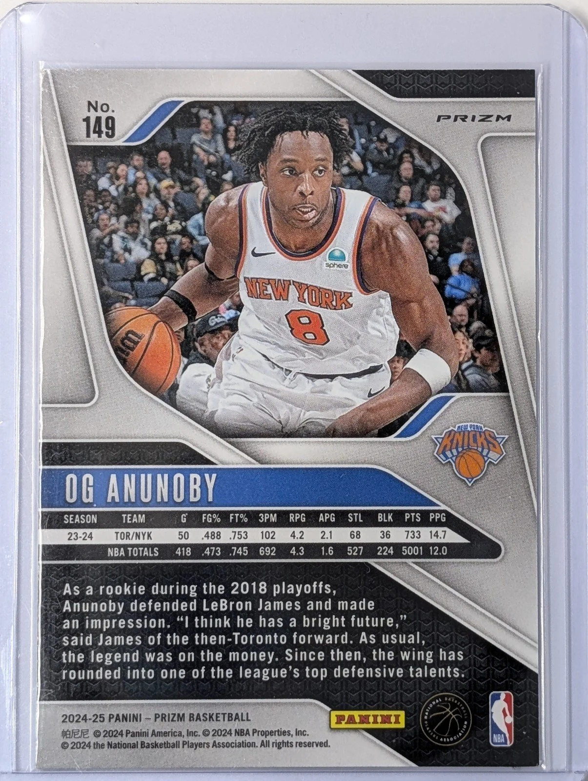 Back of 2024-25 Panini Prizm #149 OG Anunoby Prizms Red White and Blue