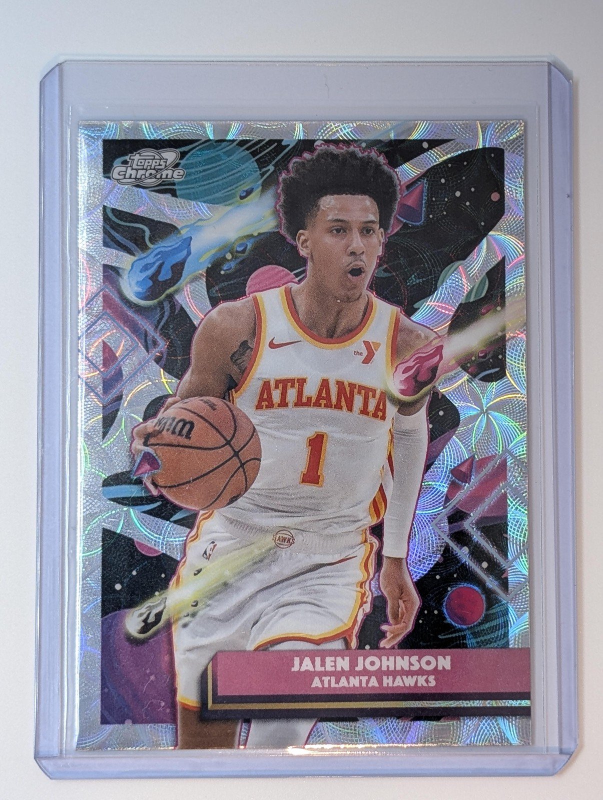 Front of 2025-26 Topps Chrome Cosmic #29 Jalen Johnson Nucleus Refractor